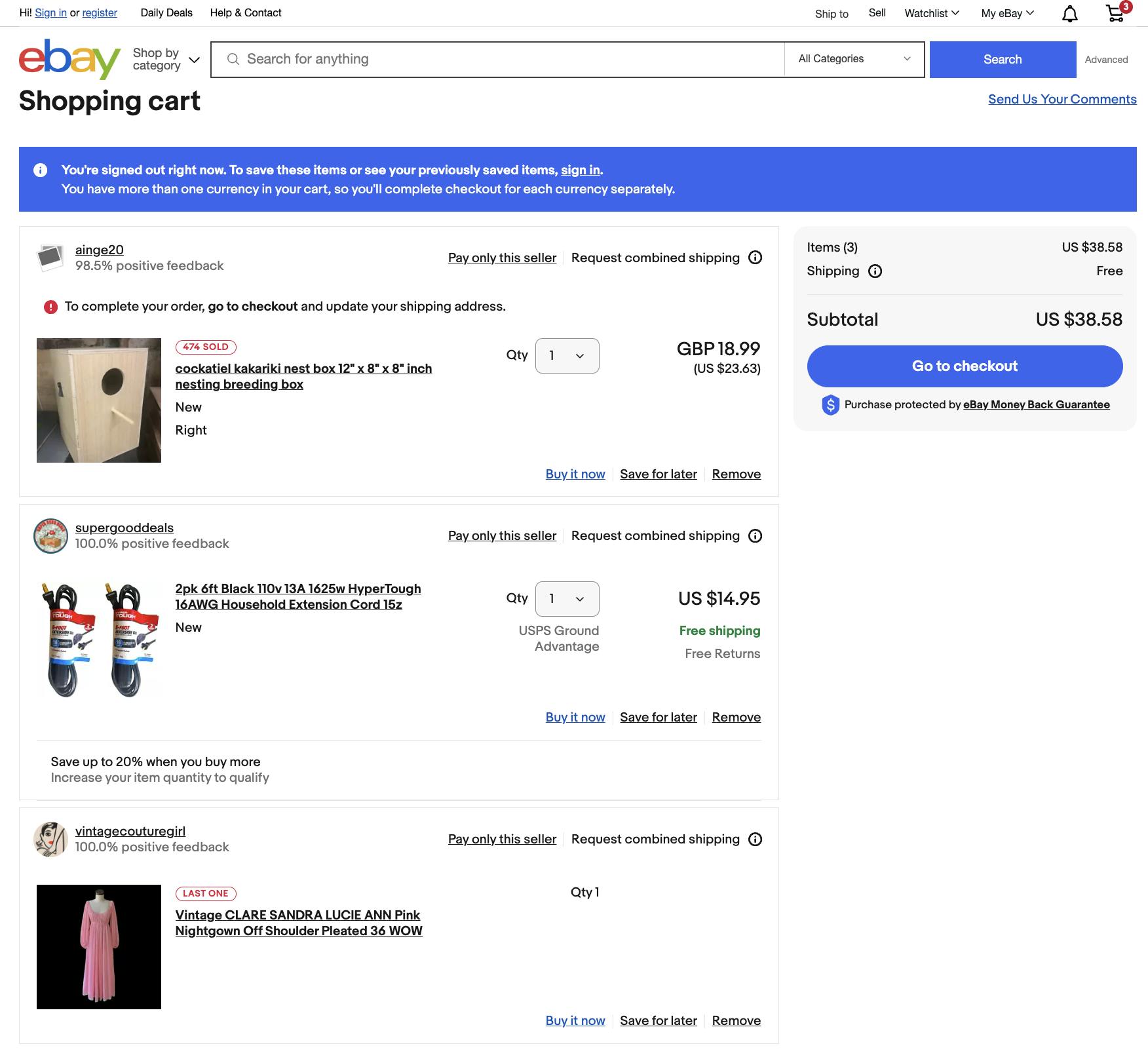 Screenshot of an eBay multi-vendor shopping cart with three items from three different vendors: a bird house, extension cords, and a vintage dress.