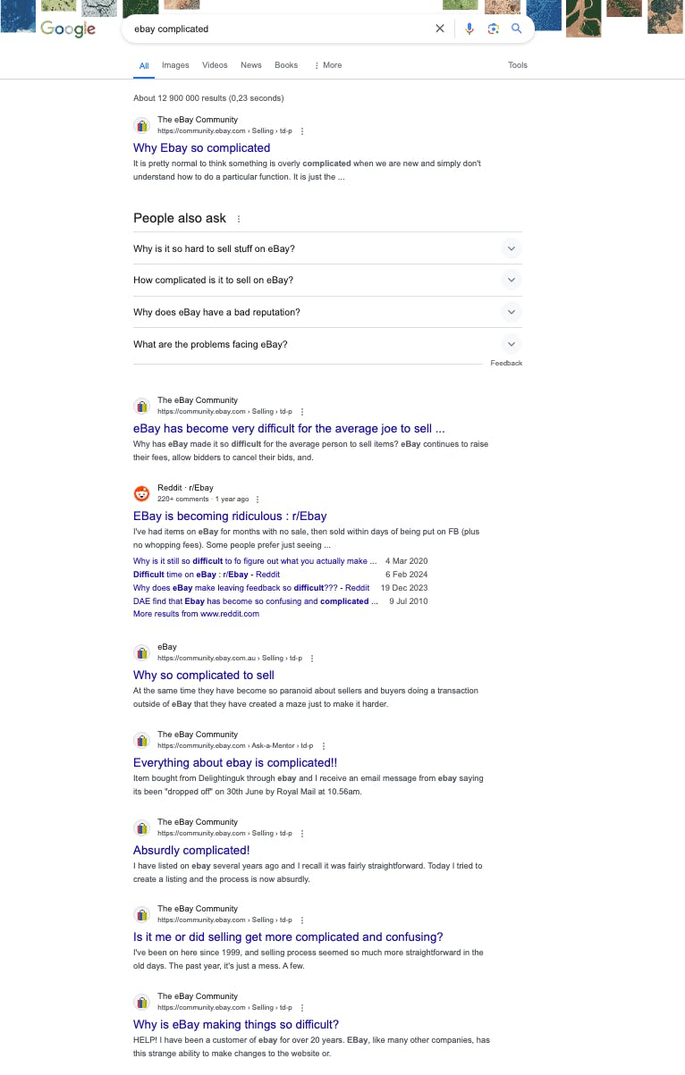 Screenshot of a Google search result page showing several pages where sellers discuss how complicated using eBay is.