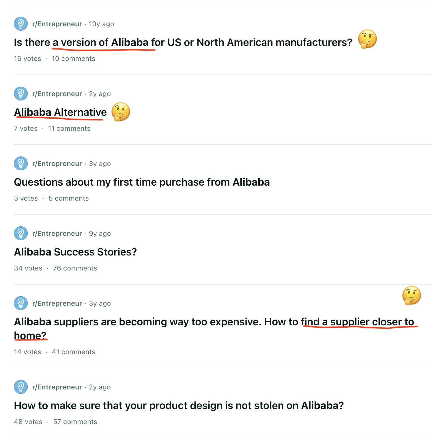 Screenshot of the r/Entrepreneur subreddit with three discussions started around the question of alternative platforms to Alibaba. These discussions are highlighted in a red freehand pencil underline and a contemplative emoji.