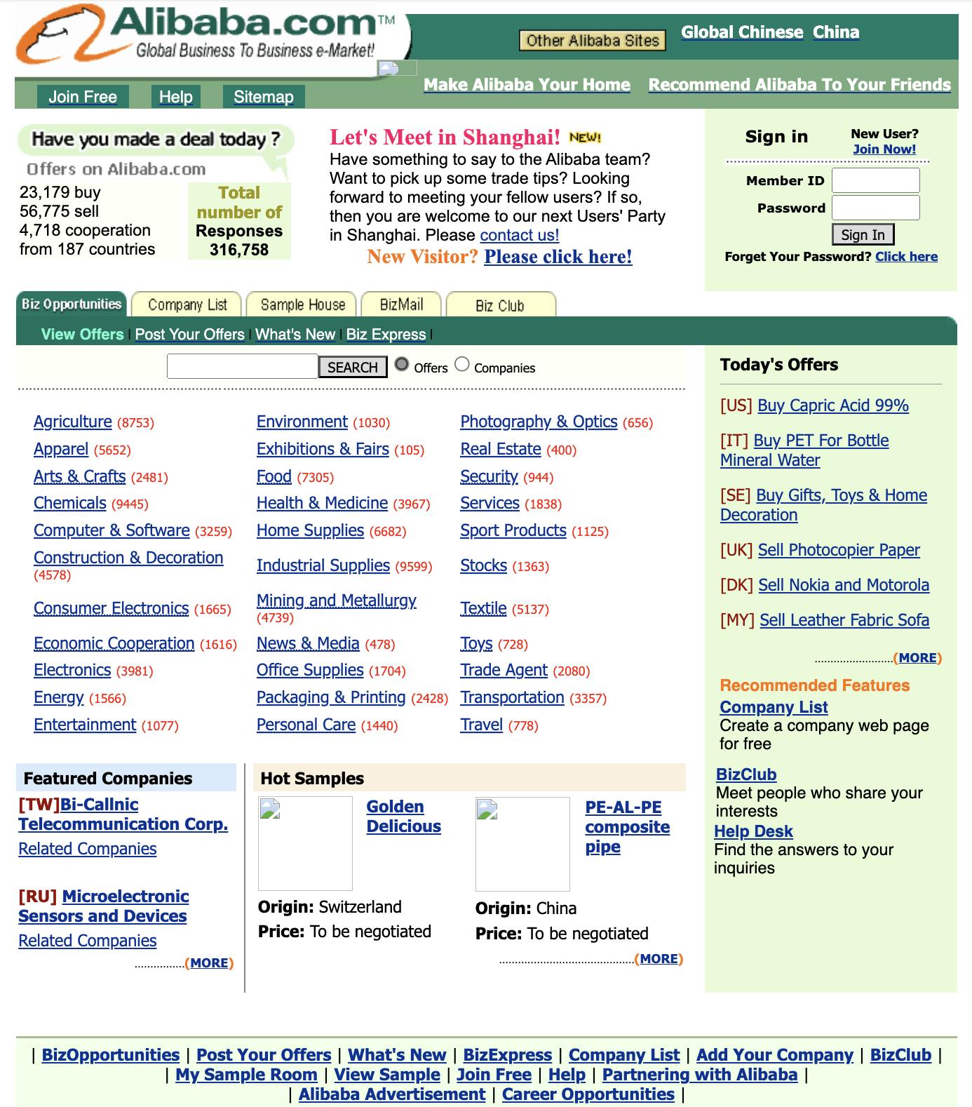 Screenshot of Alibaba.com in 2020. The site use three green hues for emphasis but is otherwise quite unstylized, with product categories listed in simple text with blue color and underscore. Some featured companies are highlighted as text links in the bottom left corner of the site.