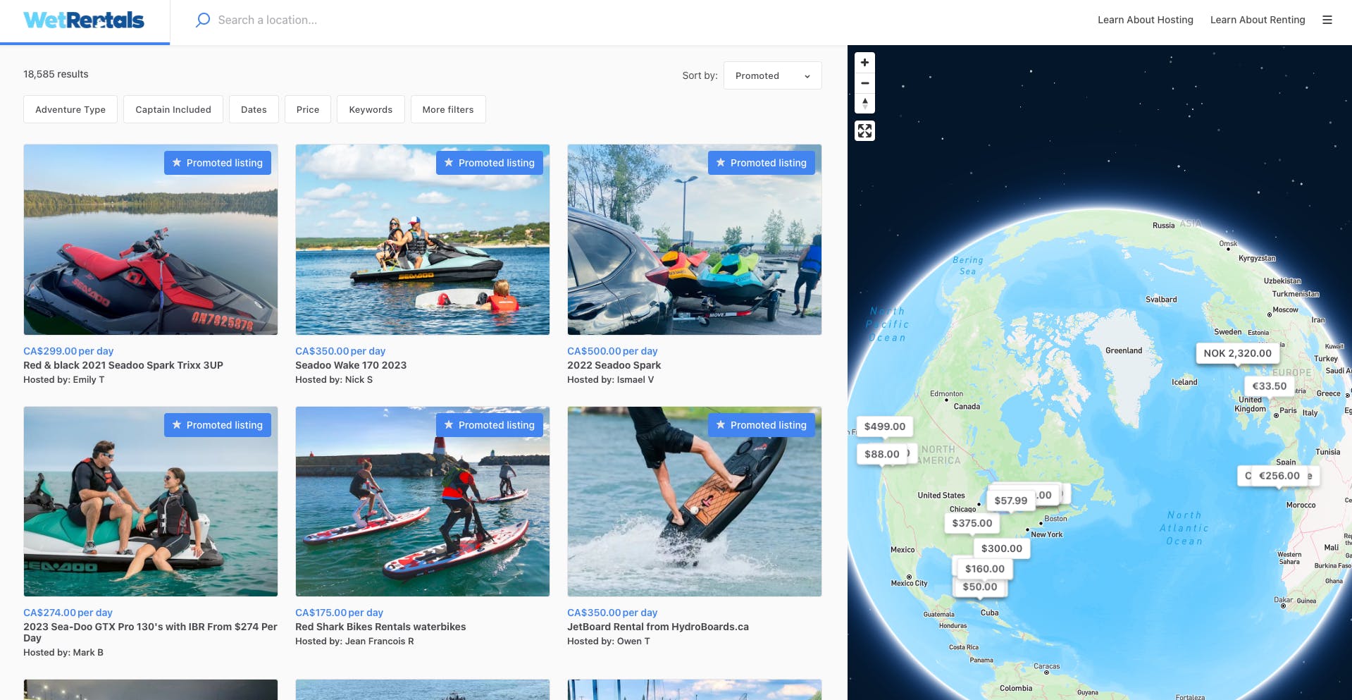 The listing page of the Sharetribe-powered peer-to-peer rental marketplace WetRentals, showcasing over 18,000 listings for boat rentals across the world.