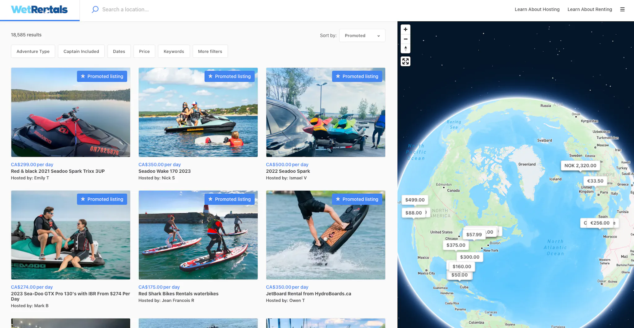 The listing page of the Sharetribe-powered peer-to-peer rental marketplace WetRentals, showcasing over 18,000 listings for boat rentals across the world.
