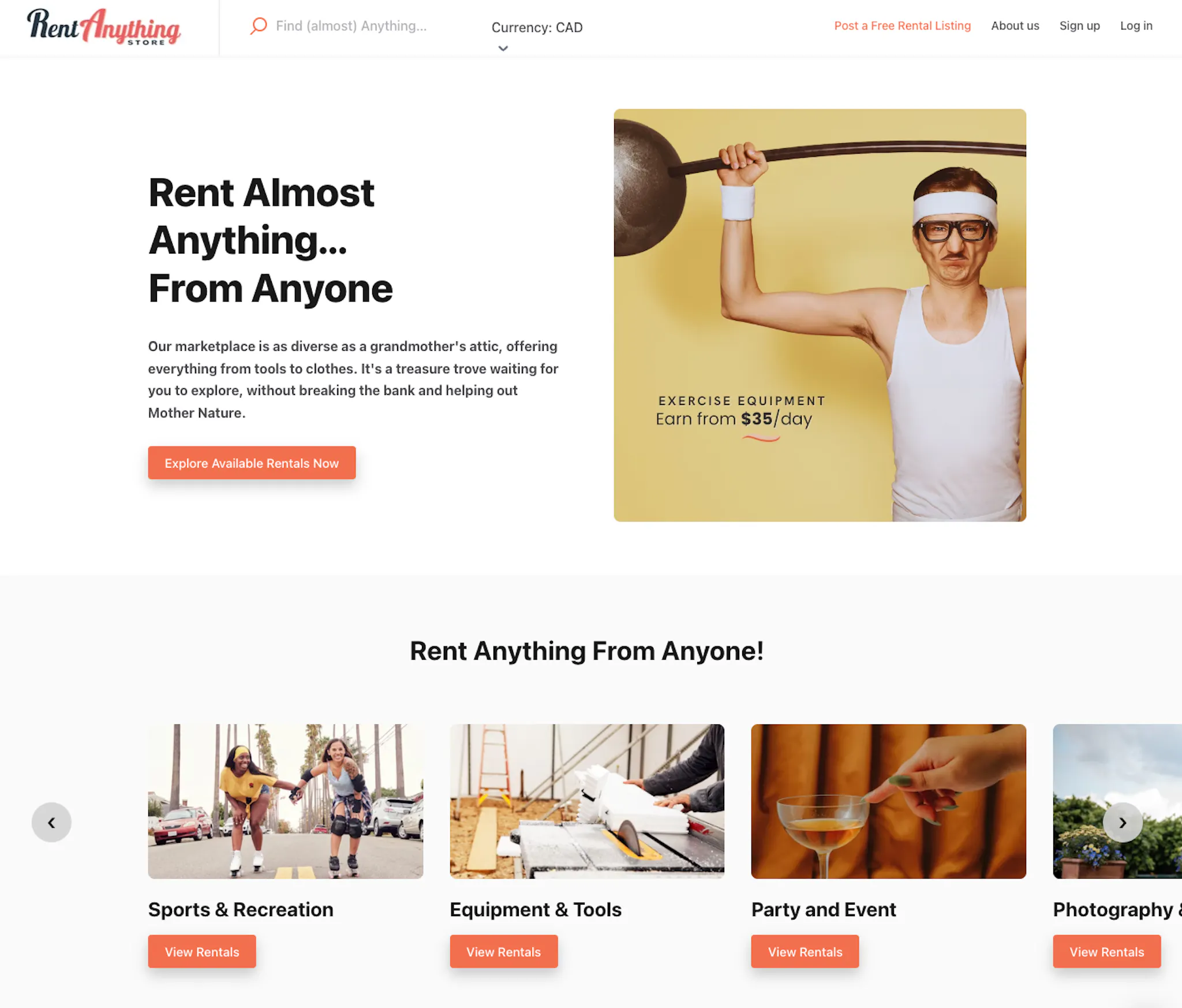 Screenshot of the "everything rental" marketplace Rent Anything Store, a Sharetribe customer.