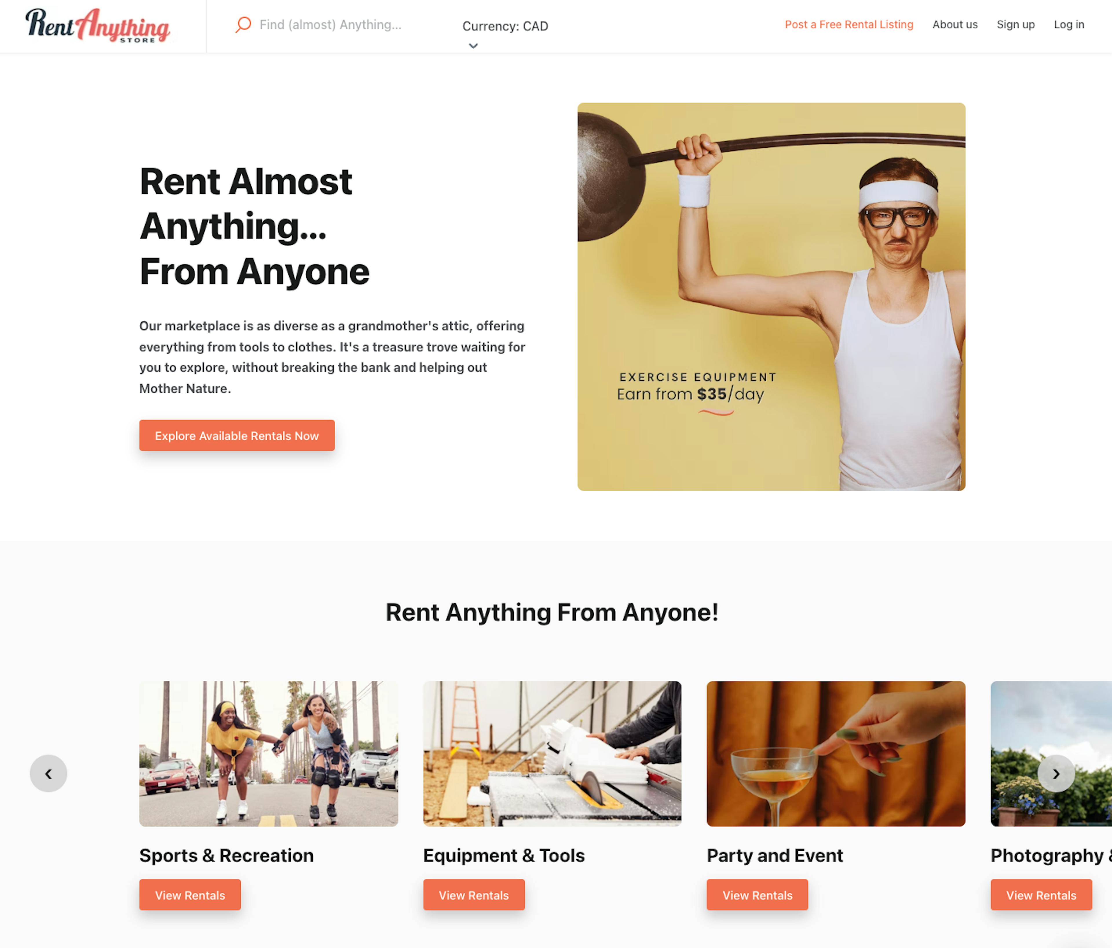 Screenshot of the "everything rental" marketplace Rent Anything Store, a Sharetribe customer.