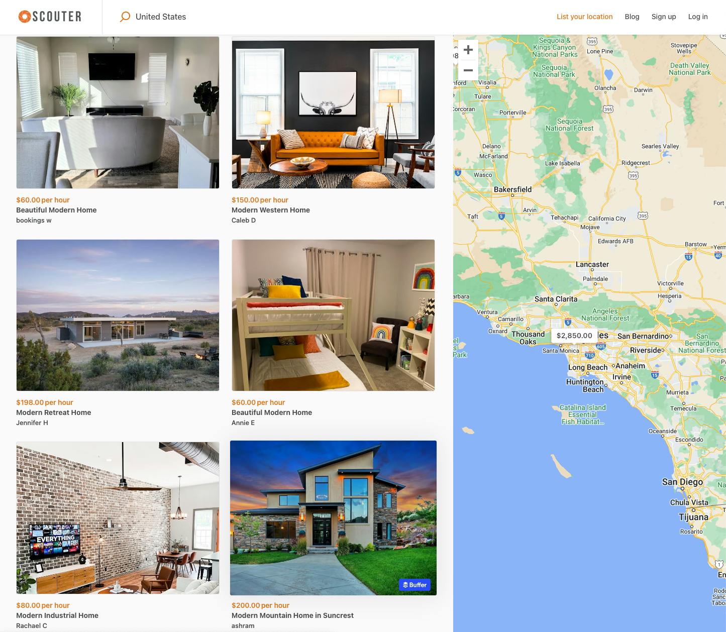 Screenshot of listings in the category "Modern homes" on Scouter, a Sharetribe-powered rental marketplace for filming and photography locations.