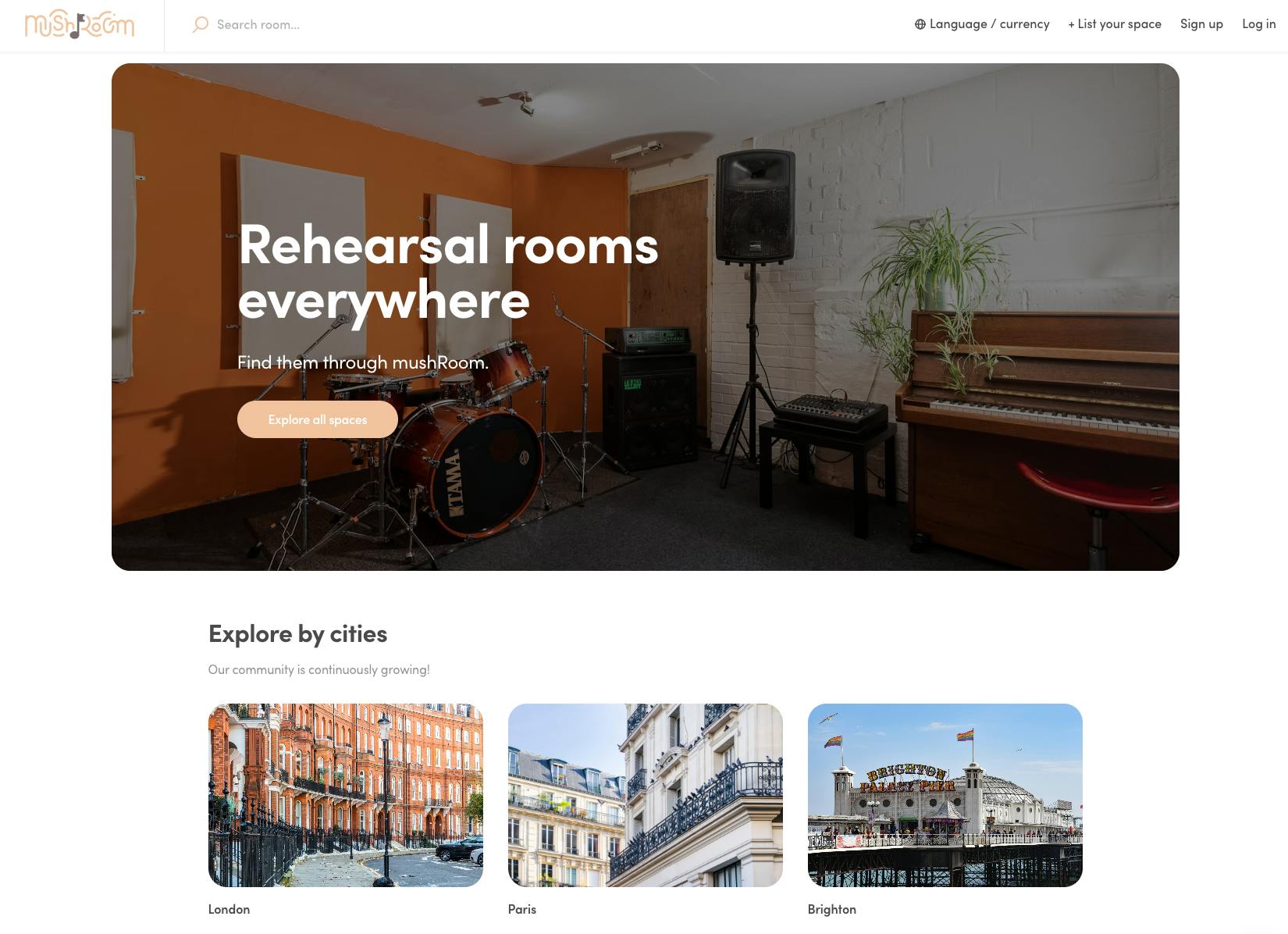 Screenshot of Mushroom's landing page. It's a Sharetribe-powered marketplace for renting music rehearsal space.