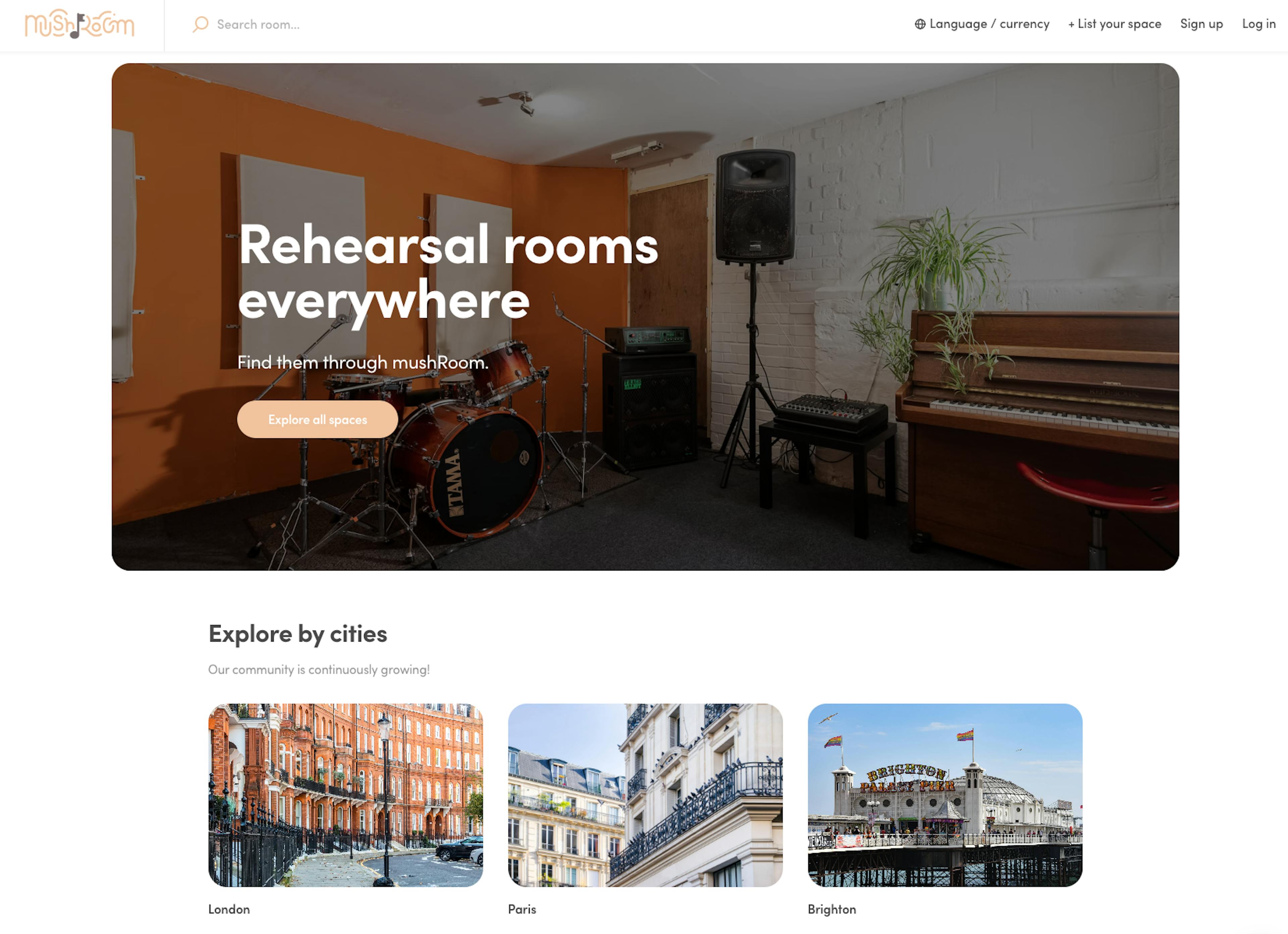 Screenshot of Mushroom's landing page. It's a Sharetribe-powered marketplace for renting music rehearsal space.