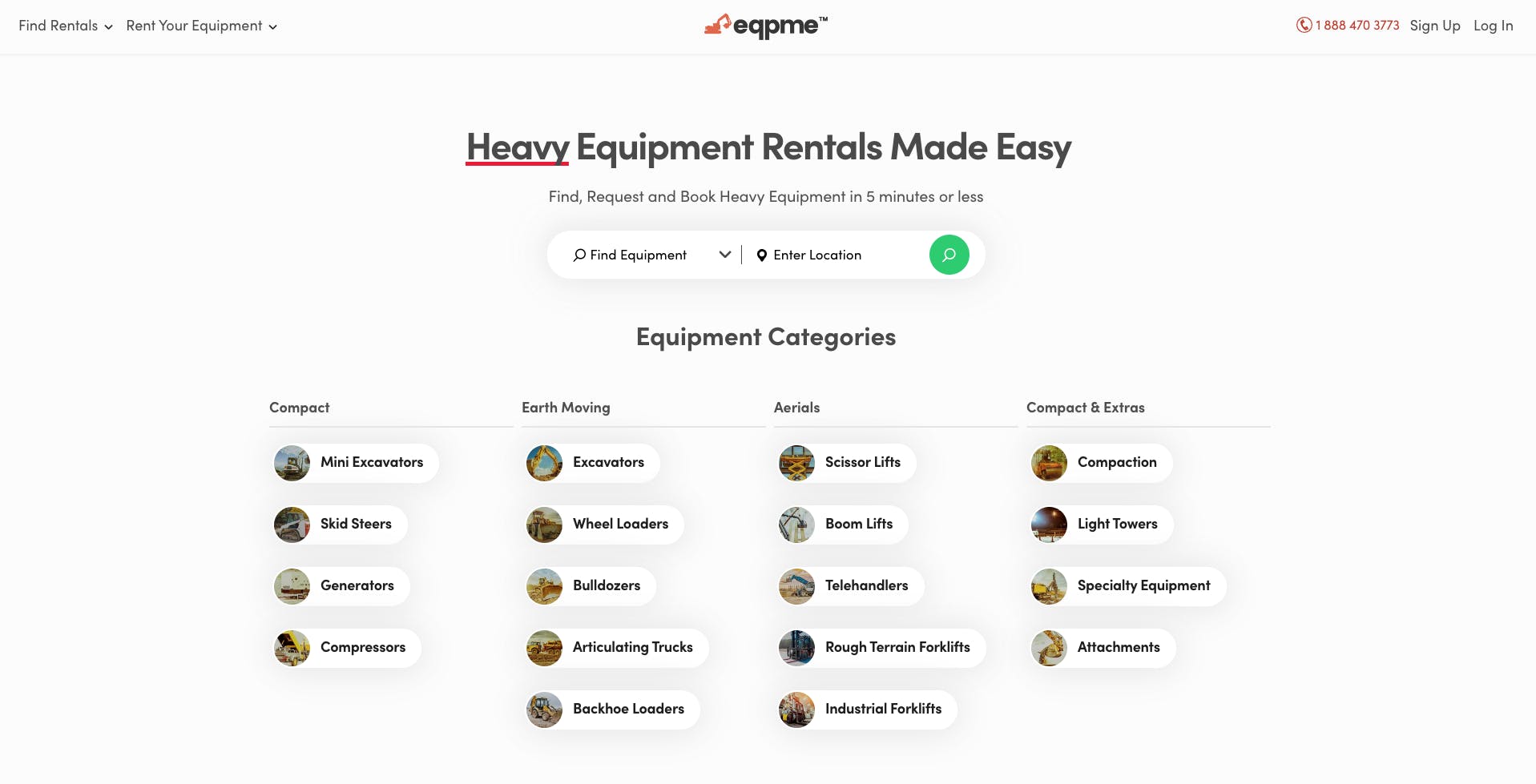 Landing page screenshot of the Sharetribe-powered equipment rental marketplace Eqpme.