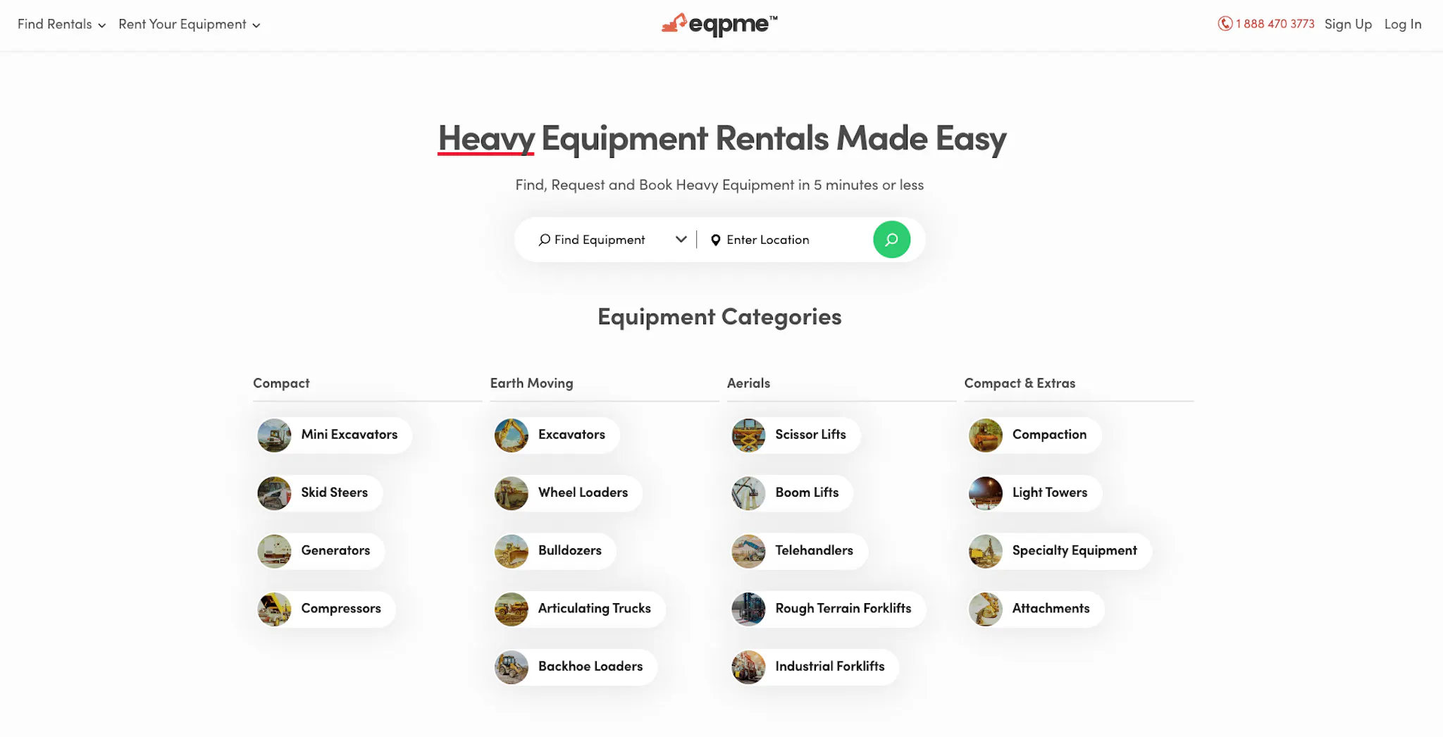 Landing page screenshot of the Sharetribe-powered equipment rental marketplace Eqpme.