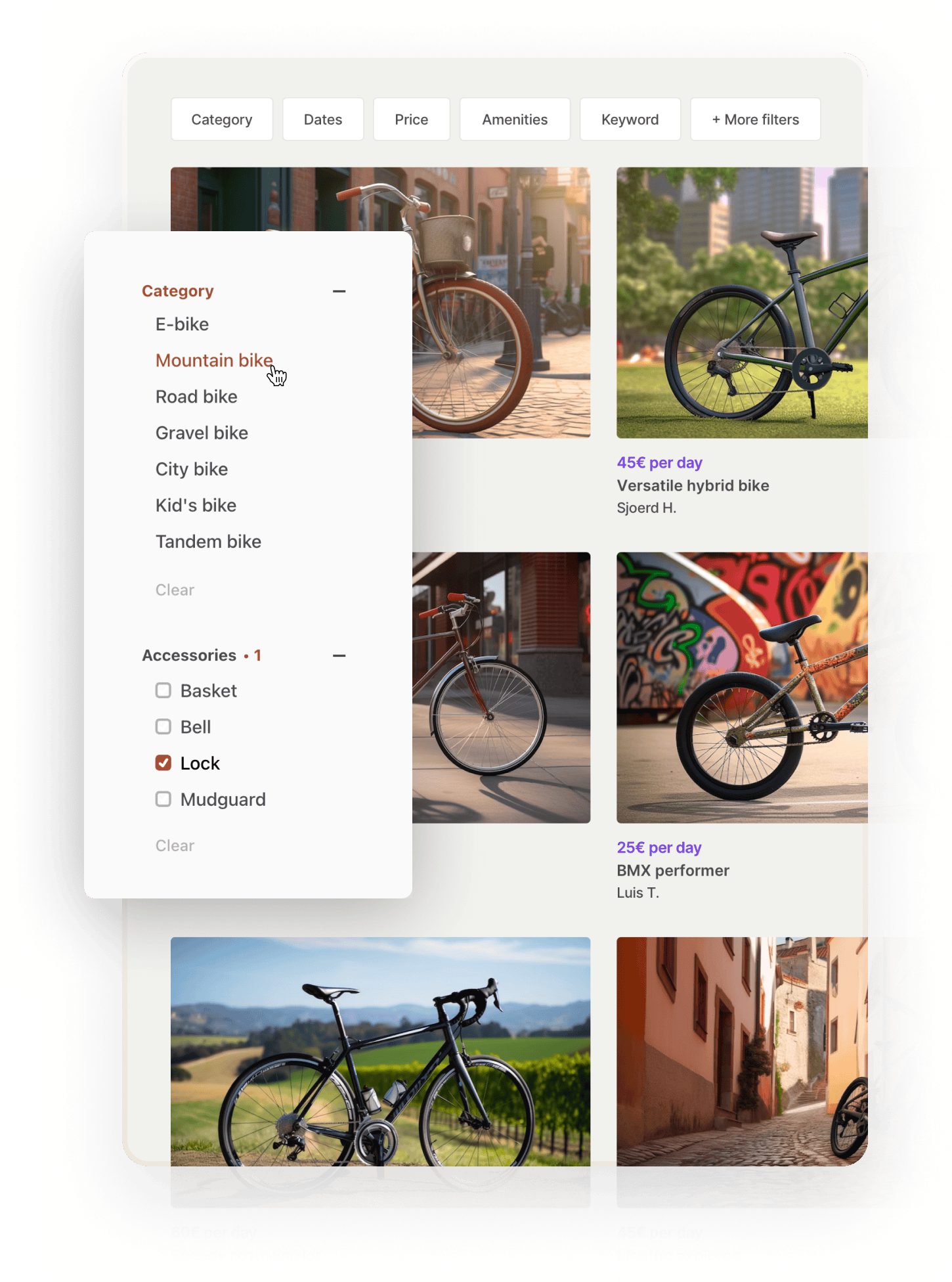 A grid view of the search page with bike listing thumbnails and no map. Someone has chosen the mountain bike category to view.
