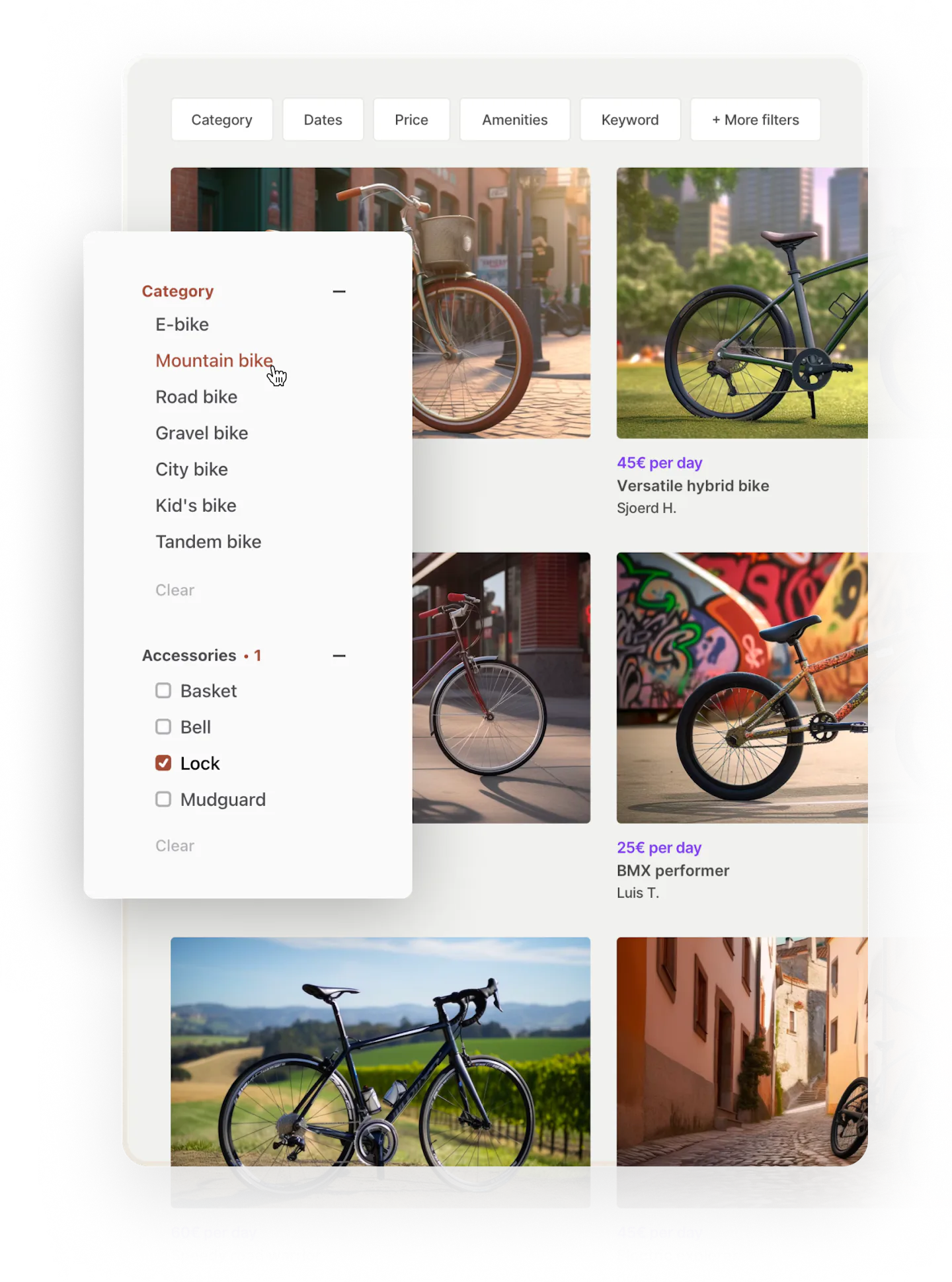 A grid view of the search page with bike listing thumbnails and no map. Someone has chosen the mountain bike category to view.