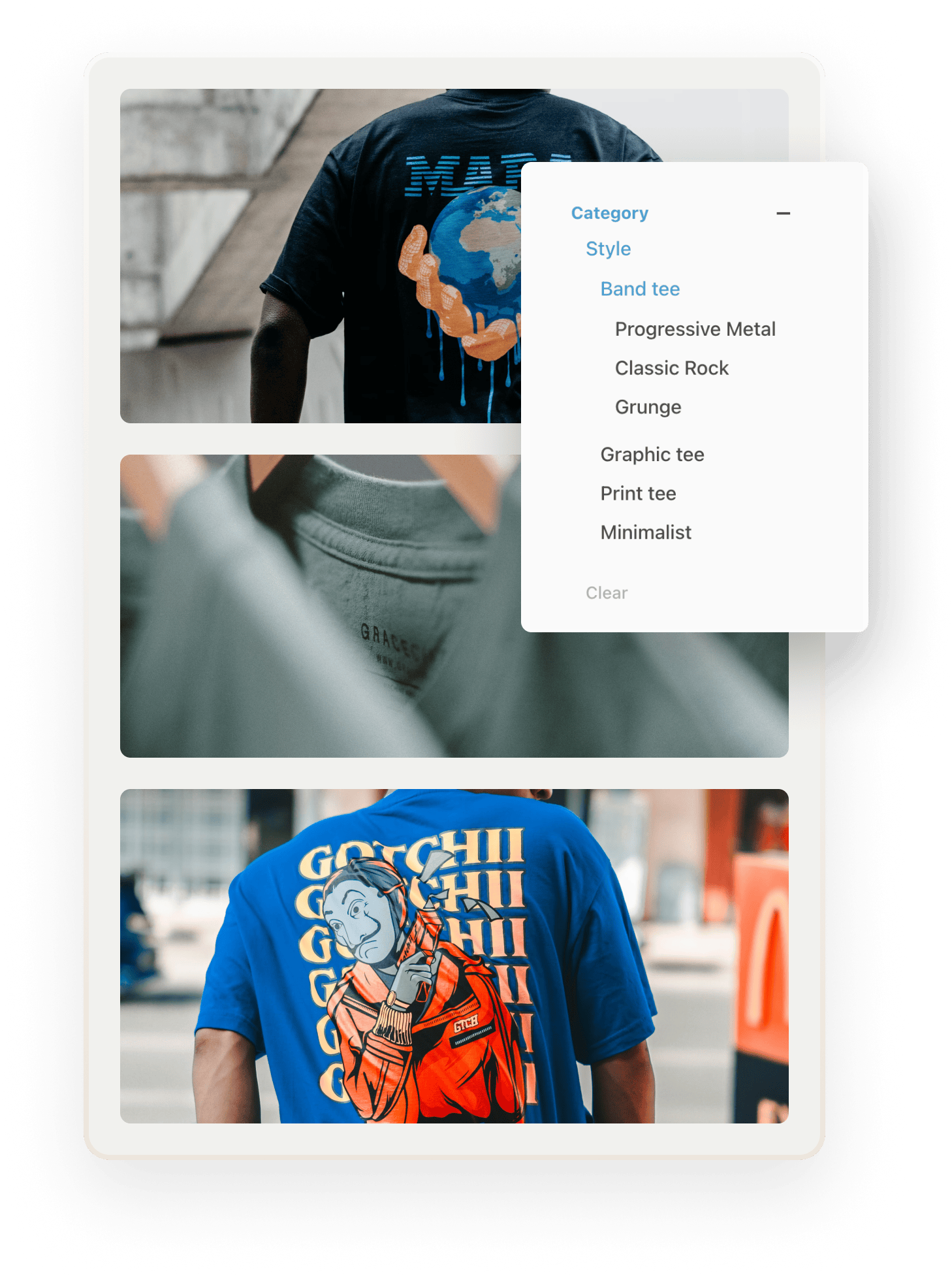 In the background, images of two people wearing print t-shirts and three green shirts on hangers. Overlaid on top is a category filter, with style as the main category. Someone has chosen the Band tee subcategory.