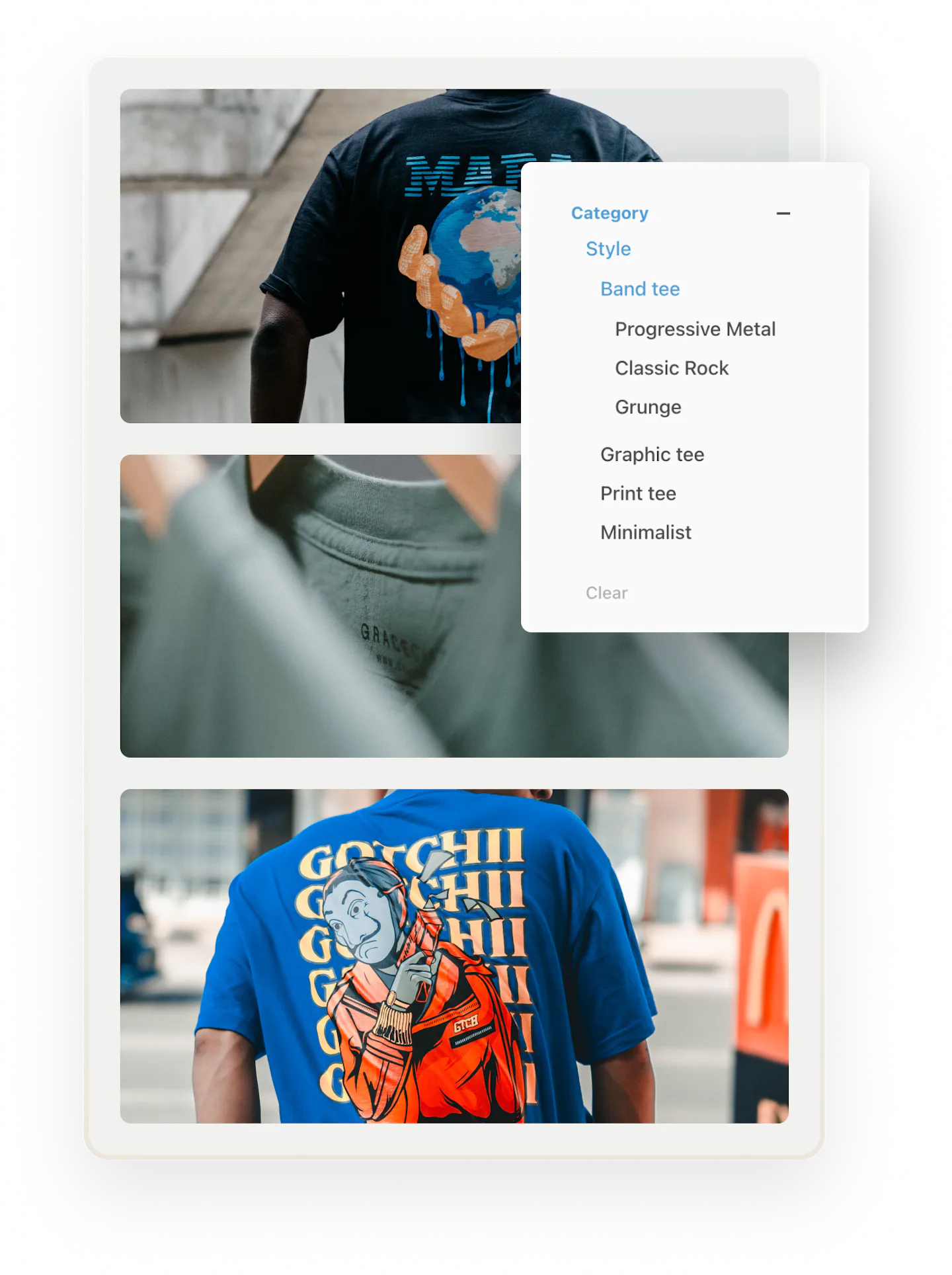 In the background, images of two people wearing print t-shirts and three green shirts on hangers. Overlaid on top is a category filter, with style as the main category. Someone has chosen the Band tee subcategory.