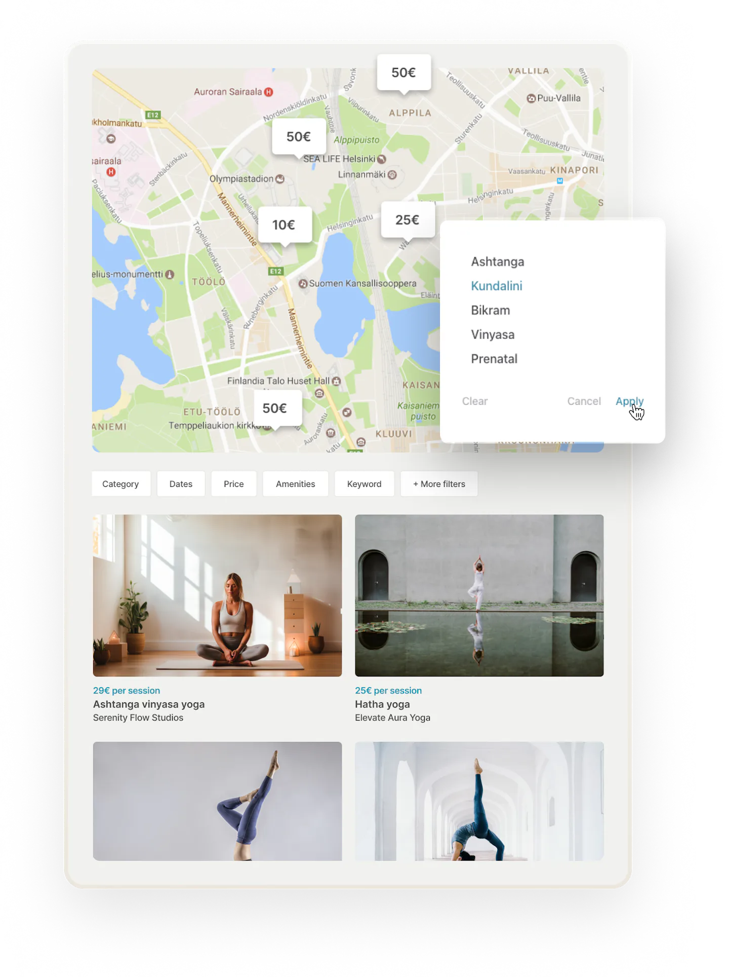 The search page on a yoga marketplace. Overlaid on top is a category filter based on yoga style, where someone has chosen Kundalini yoga.