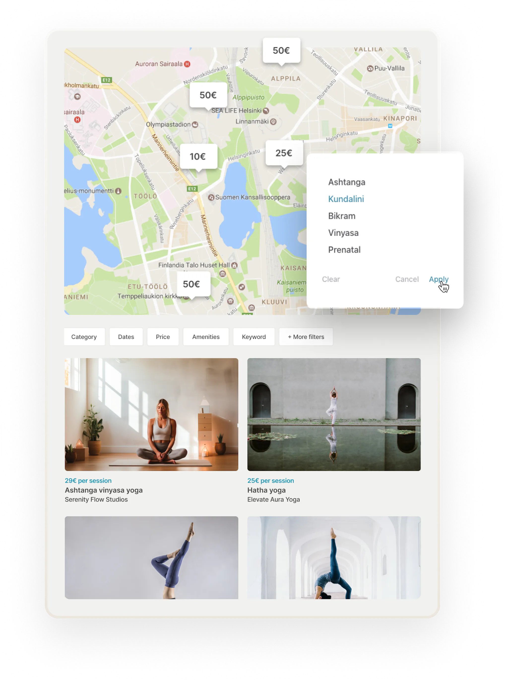The search page on a yoga marketplace. Overlaid on top is a category filter based on yoga style, where someone has chosen Kundalini yoga.
