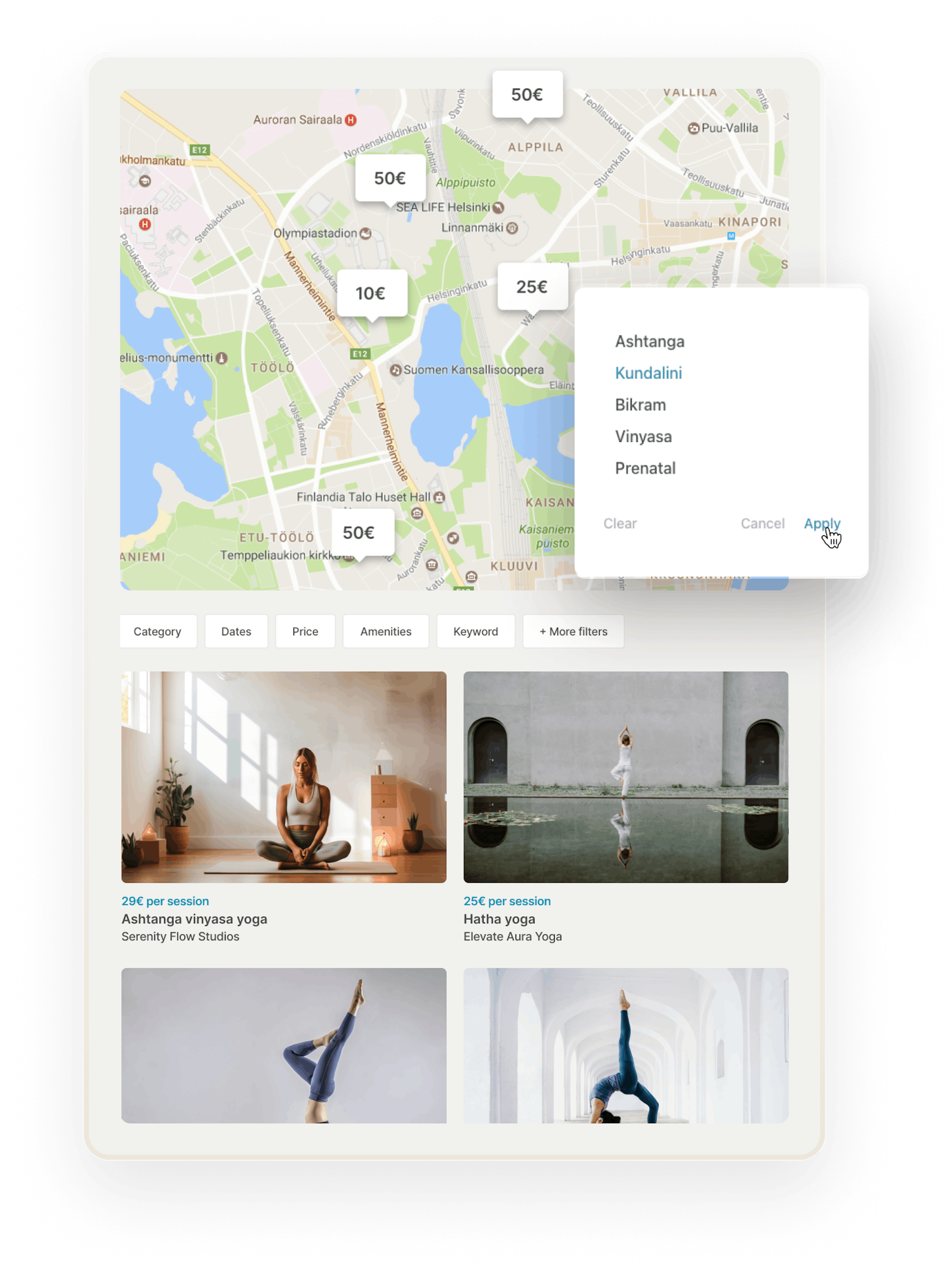 The search page on a yoga marketplace. Overlaid on top is a category filter based on yoga style, where someone has chosen Kundalini yoga.