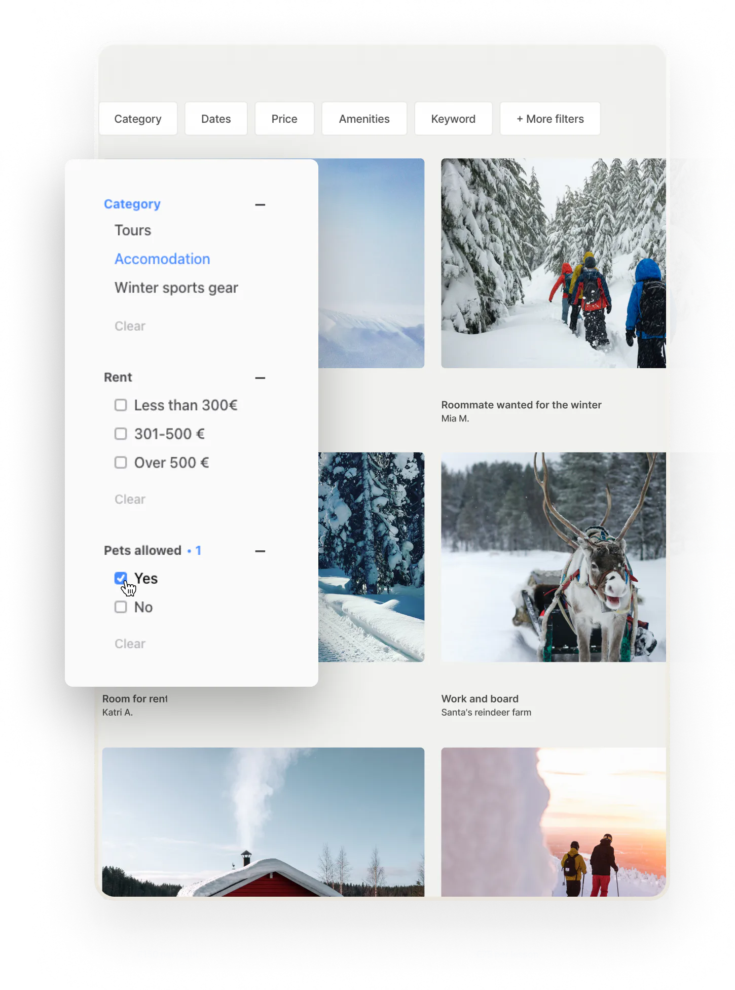 A search page for the Localtribe marketplace. On top of the page, there's a category filter, with accommodation chosen as the category. Further accomodation-specific filters for rent and pets allowed are shown.