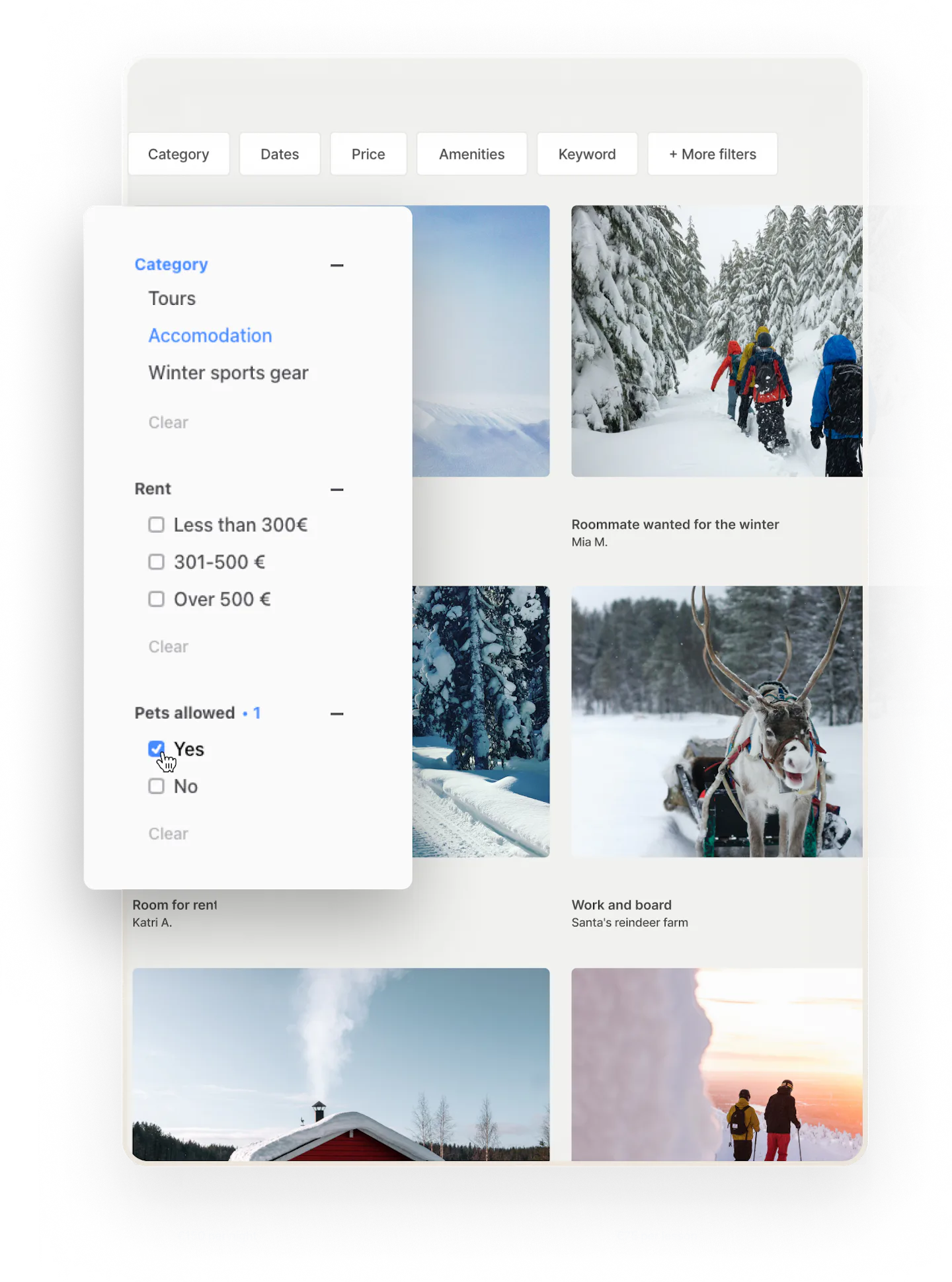 A search page for the Localtribe marketplace. On top of the page, there's a category filter, with accommodation chosen as the category. Further accomodation-specific filters for rent and pets allowed are shown.