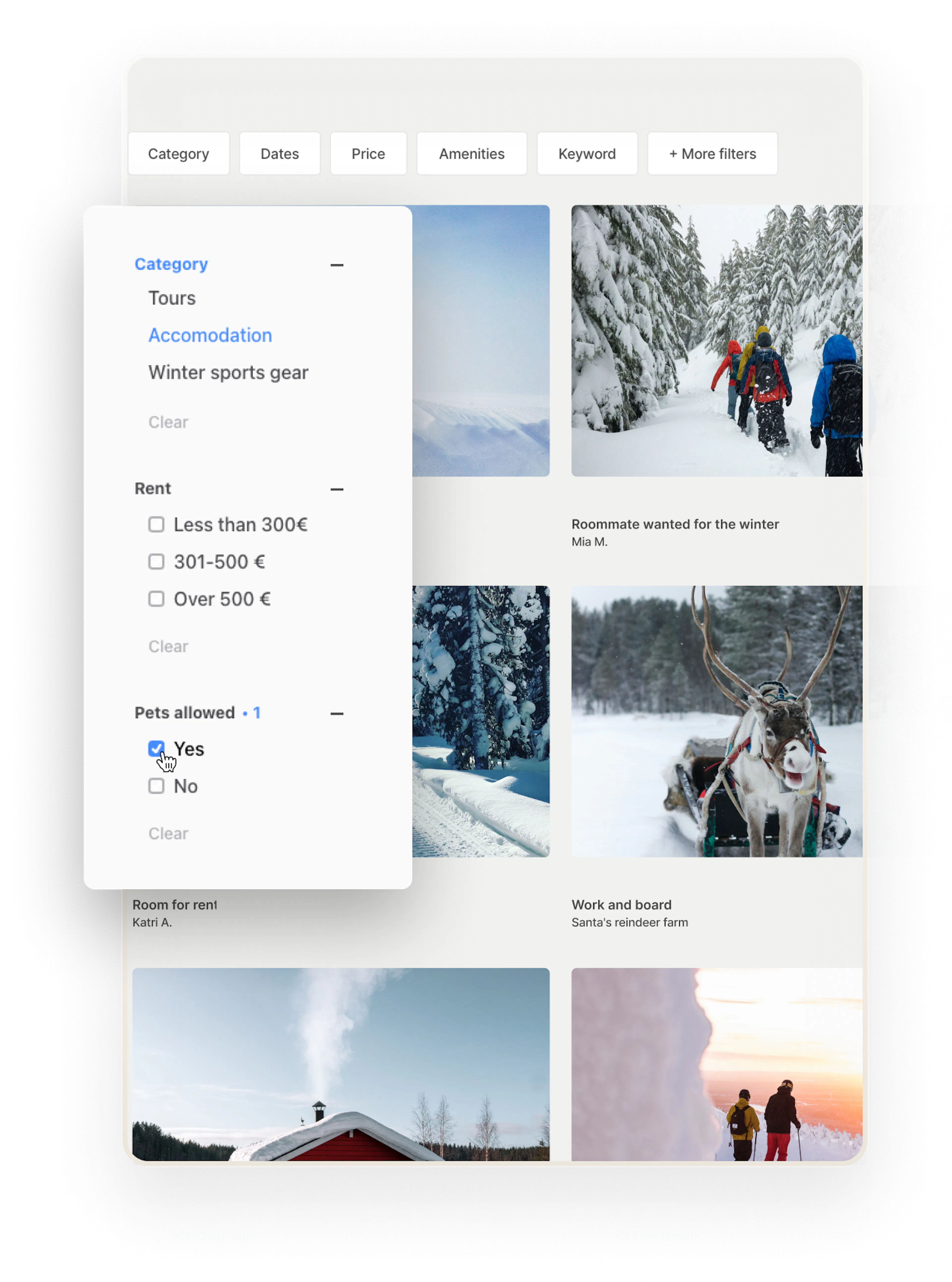 A search page for the Localtribe marketplace. On top of the page, there's a category filter, with accommodation chosen as the category. Further accomodation-specific filters for rent and pets allowed are shown.