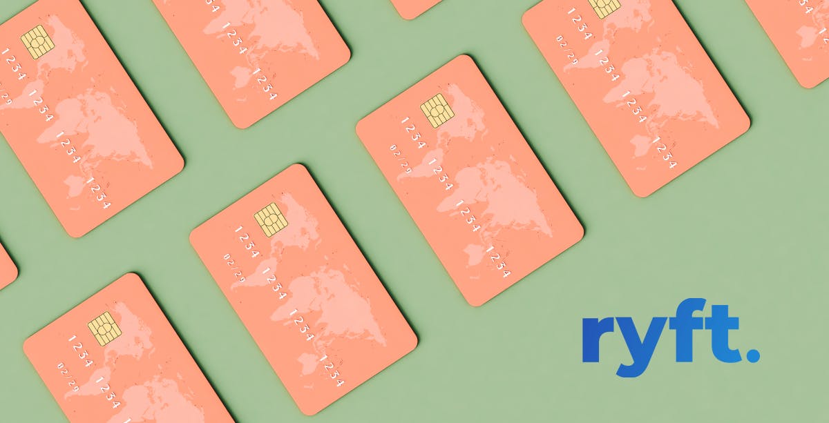 Sage green background with salmon pink credit cards with world map on the upper left corner, blue Ryft logo in bottom right corner.