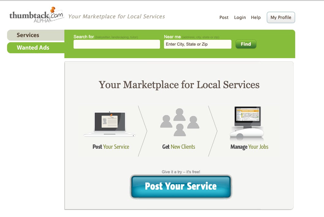 A screenshot of the Thumbtack website in 2009