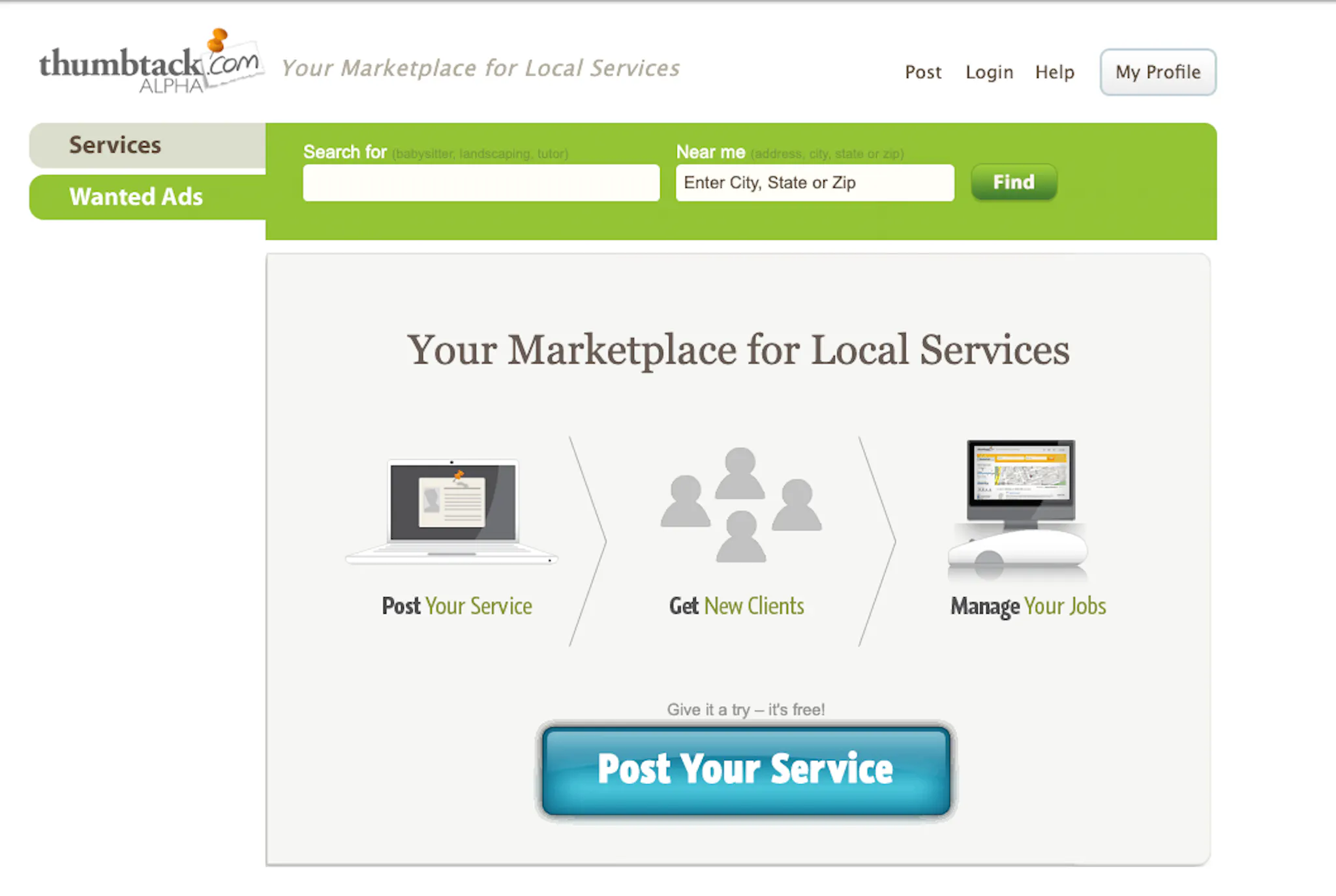 A screenshot of the Thumbtack website in 2009