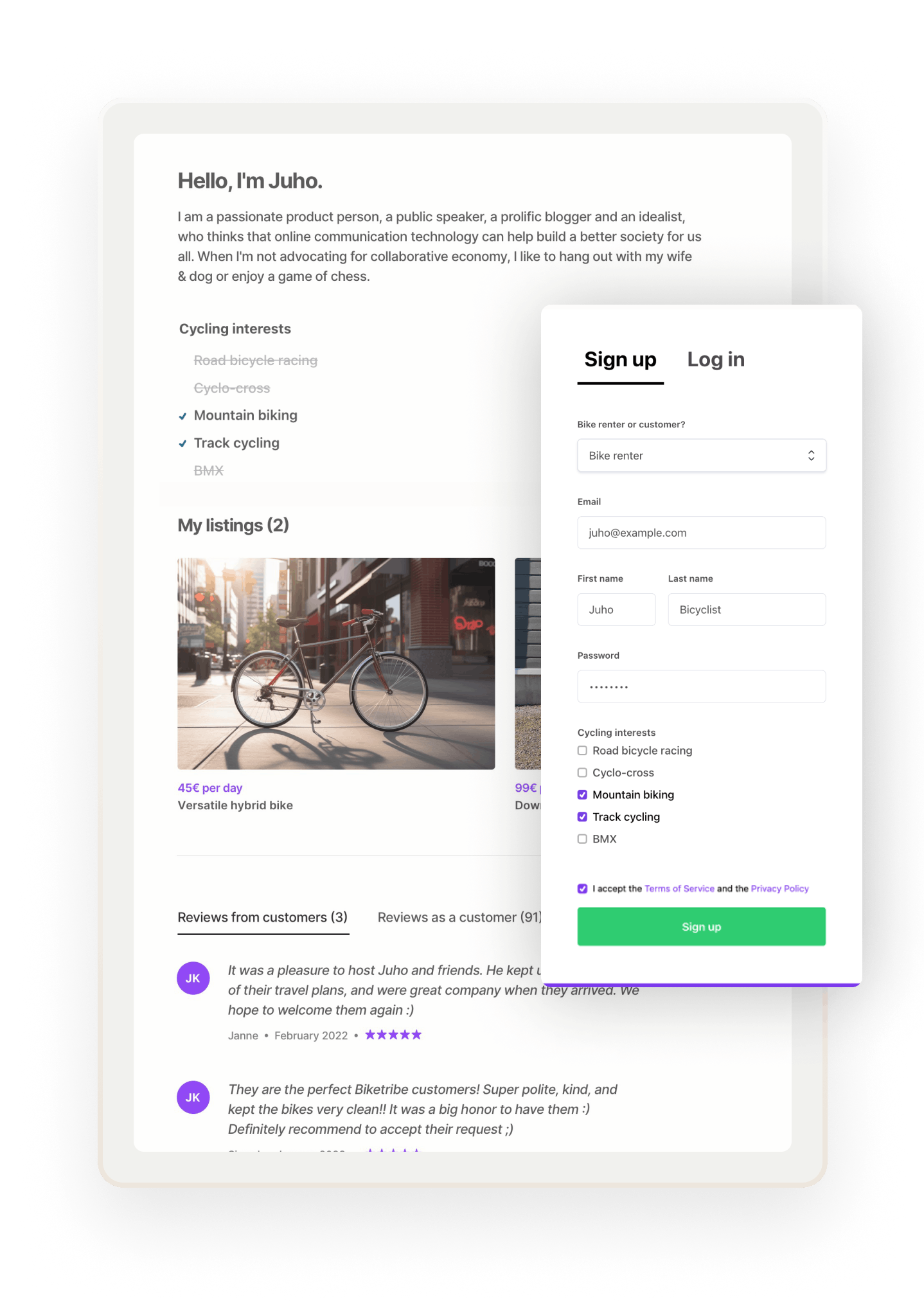 A sample profile page on a rental marketplace for a provider called Juho. Overlaid is a signup form with custom fields where Juho is creating their account.
