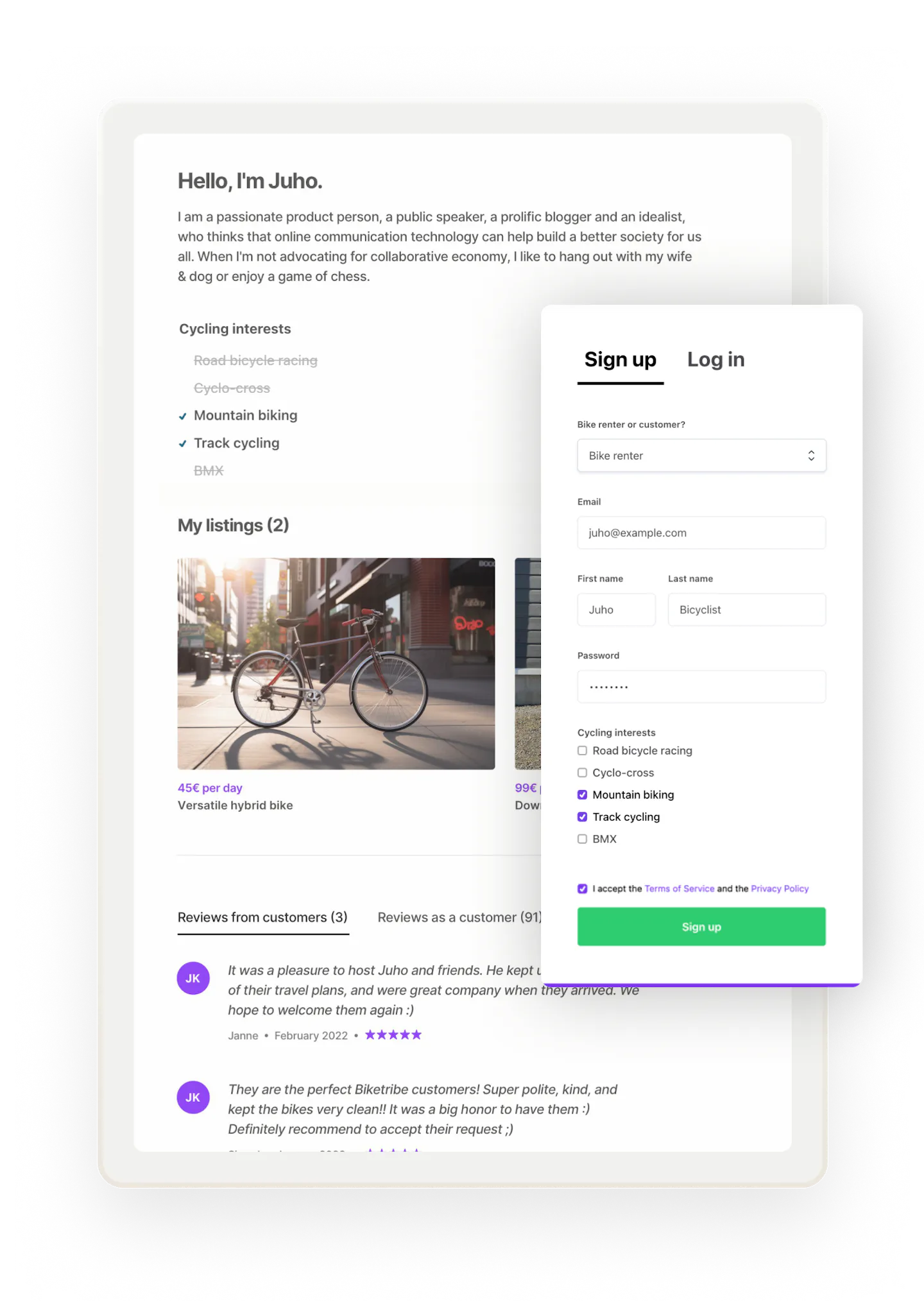 A sample profile page for provider called Juho. Overlaid is a signup form with custom fields where Juho is creating their account.