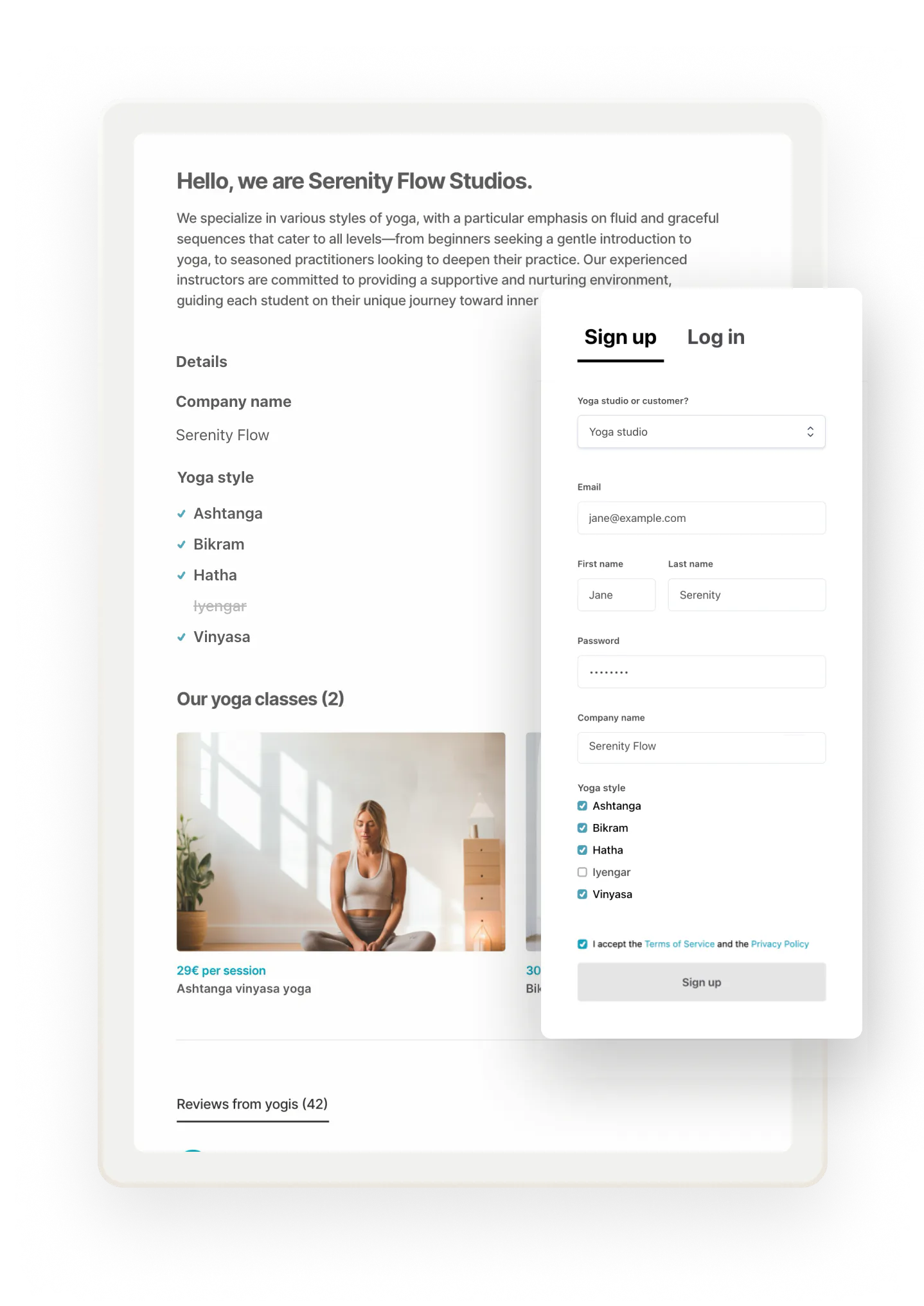 A sample profile page for yoga studio called Serenity Flow. Overlaid is a signup form with custom fields where the owner, Jane, is creating the account.