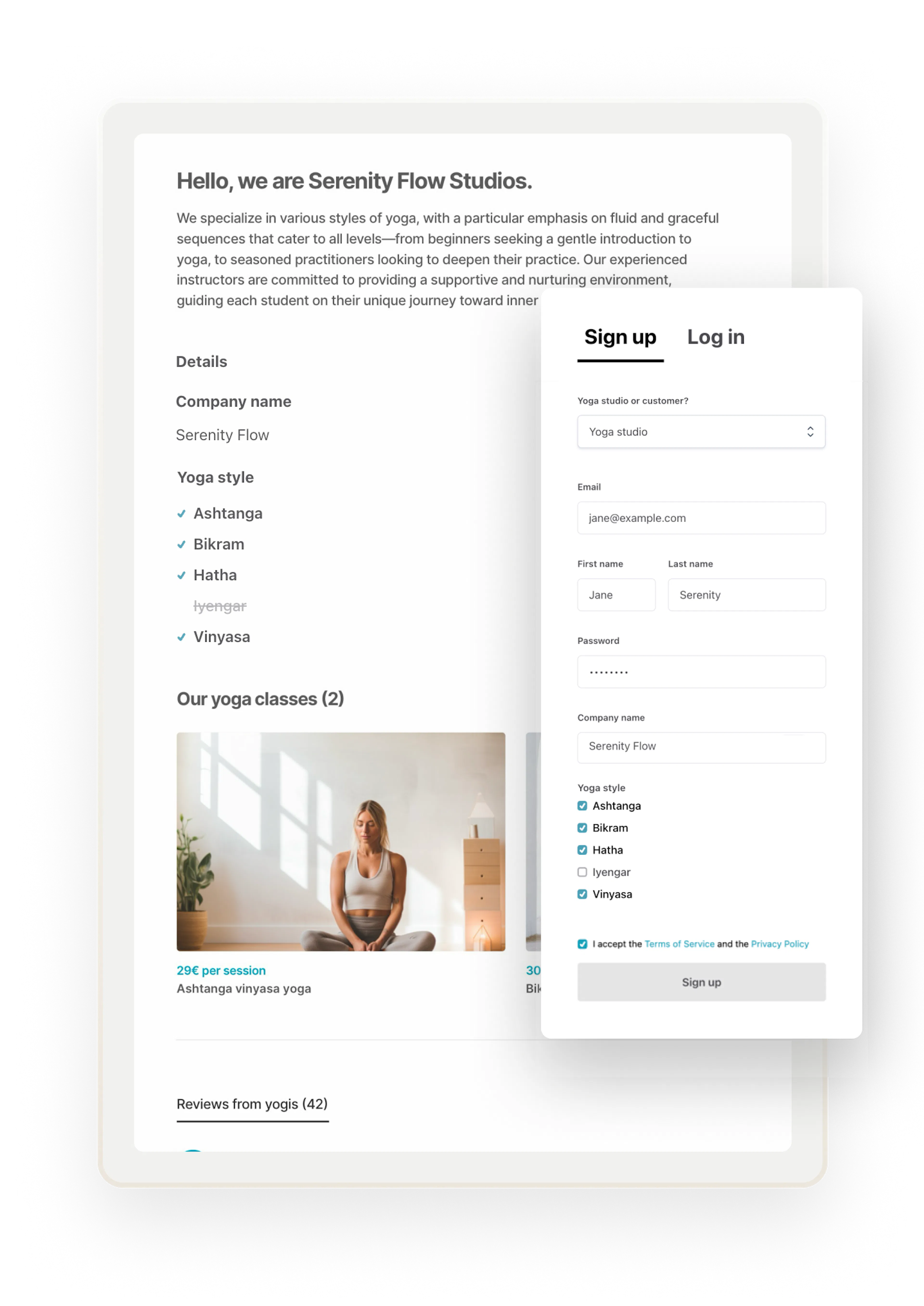 A sample profile page for yoga studio called Serenity Flow. Overlaid is a signup form with custom fields where the owner, Jane, is creating the account.