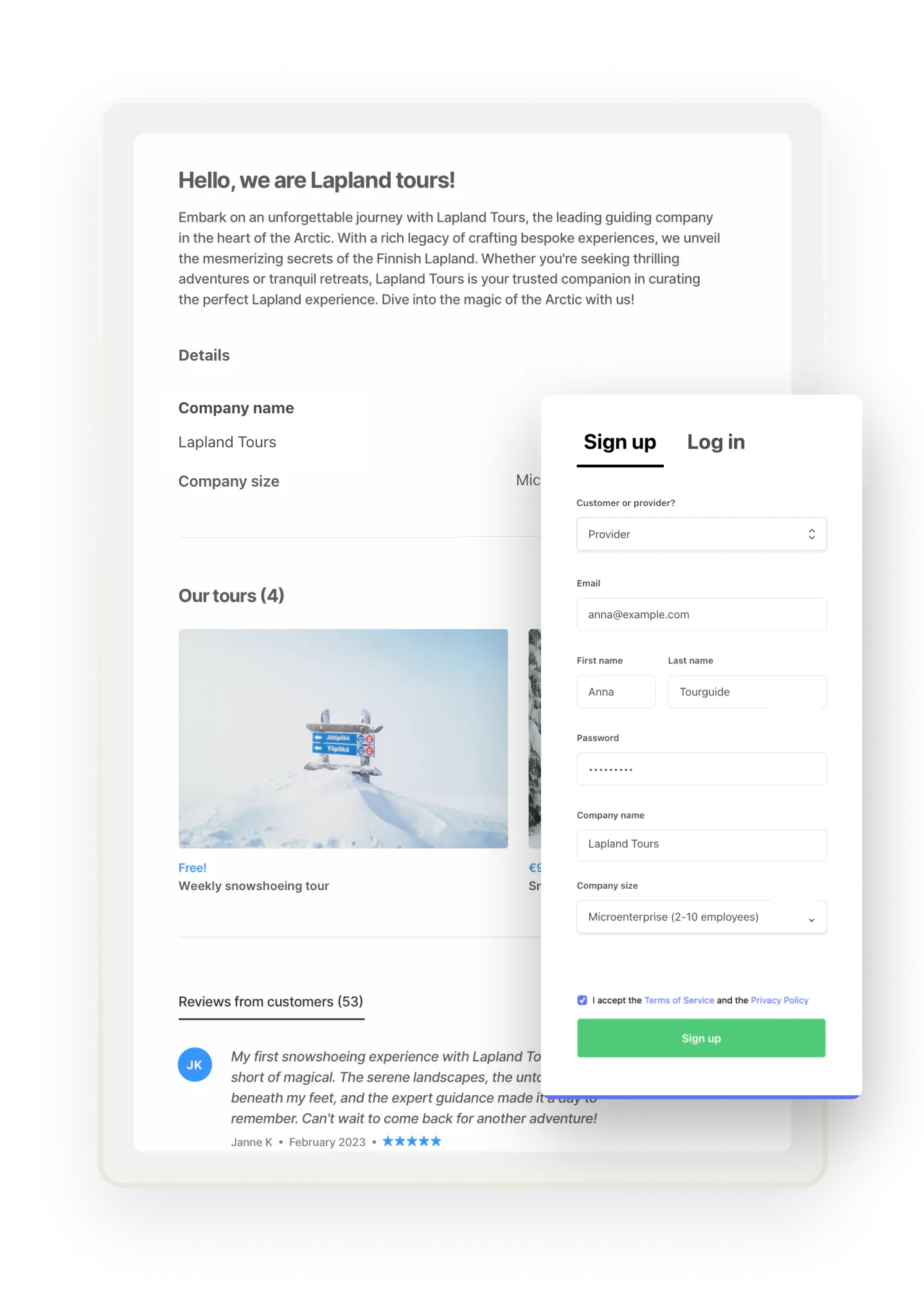 A sample profile page for provider called Lapland Tours. Overlaid is a signup form with custom fields where an employee called Anna is creating the Lapland Tours account.