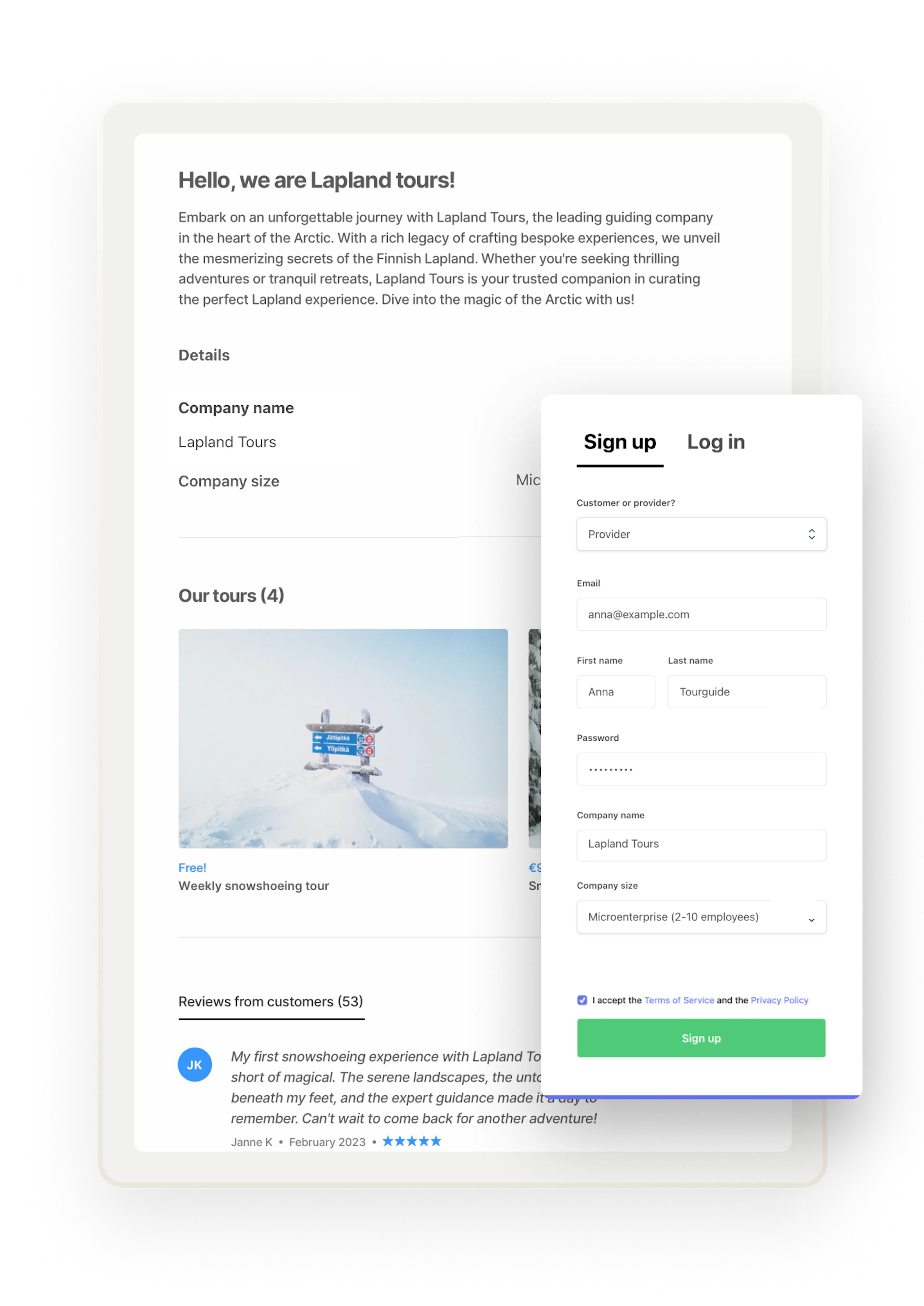 A sample profile page for provider called Lapland Tours. Overlaid is a signup form with custom fields where an employee called Anna is creating the Lapland Tours account.