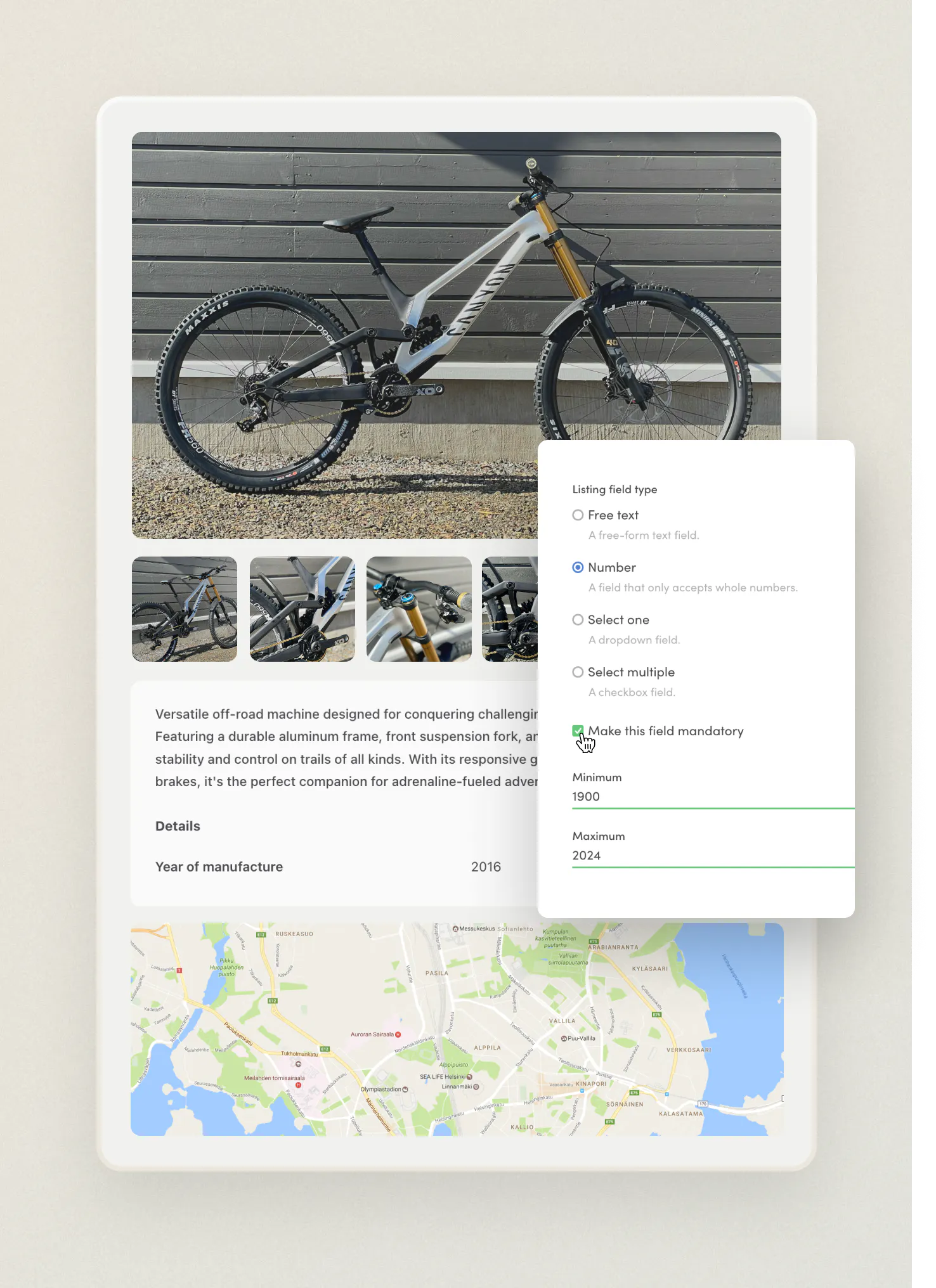 A mountain bike listing page with images, info, and a map. A number custom field shows that the year of manufacture of the bike is 2016.