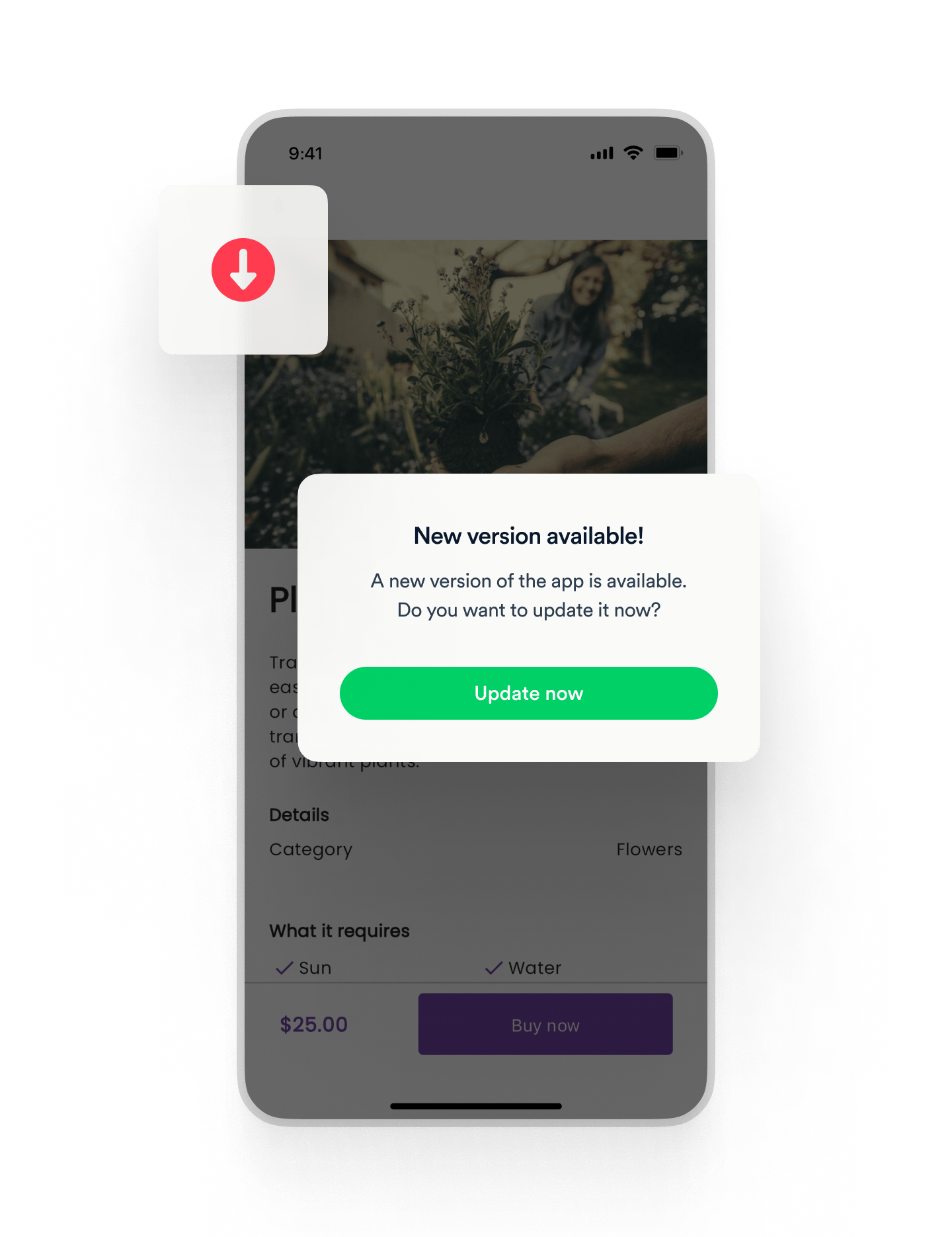 The mobile is greyed out. On top of the screen, there's a popup asking if you want to update the app to the latest version.