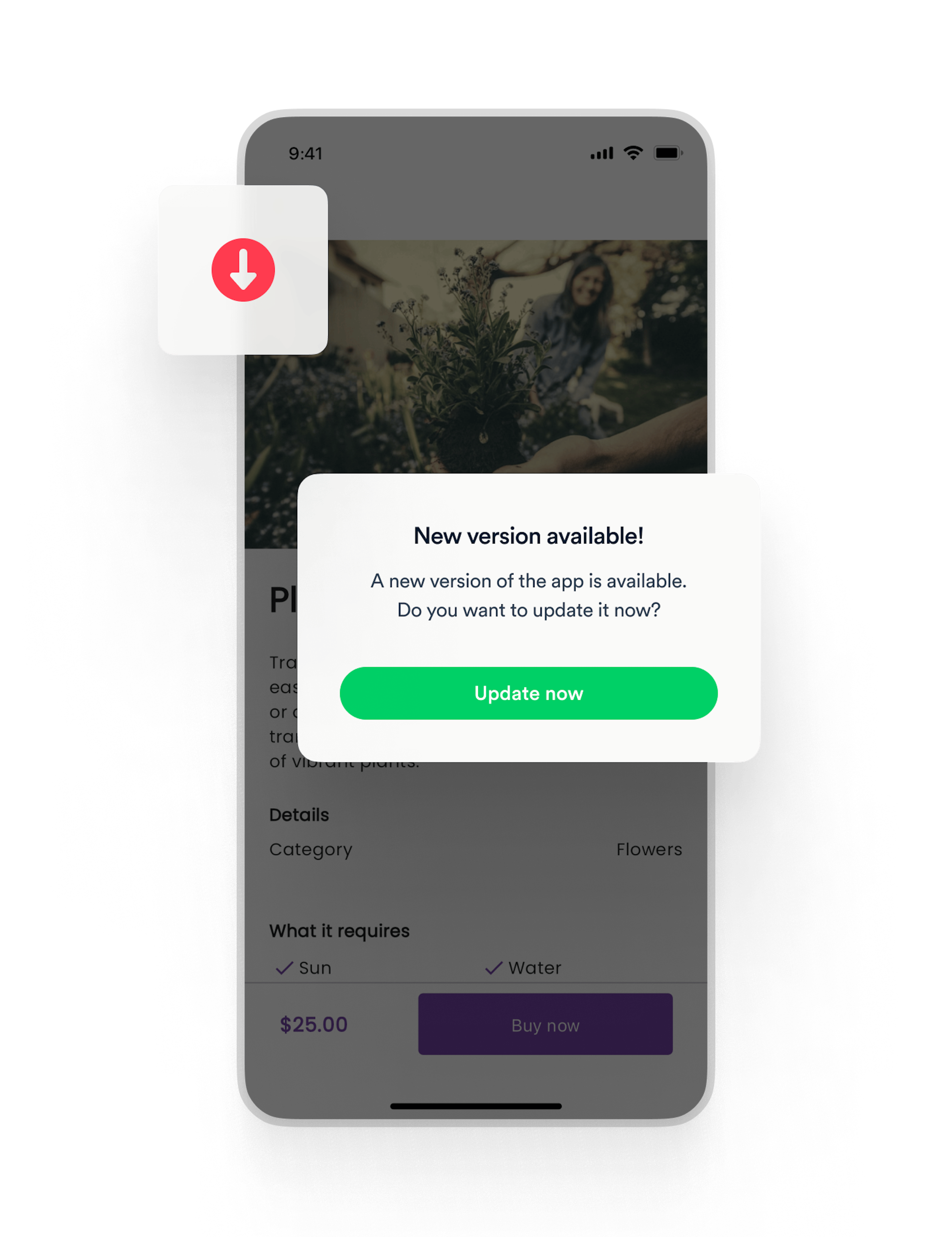 The mobile is greyed out. On top of the screen, there's a popup asking if you want to update the app to the latest version.
