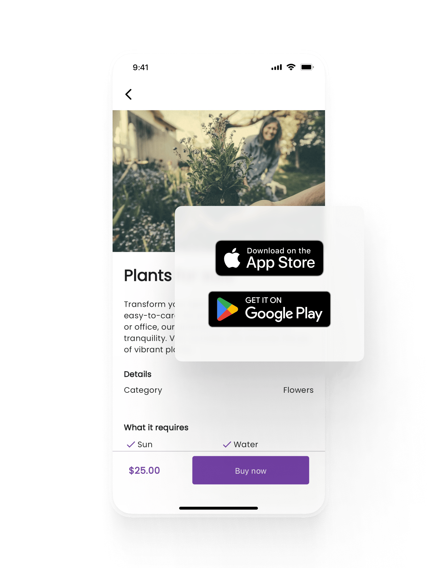 An example listing page on the mobile app for a plant seedling. Overlaid is a box with images of Apple App Store and Google Play Store download buttons.