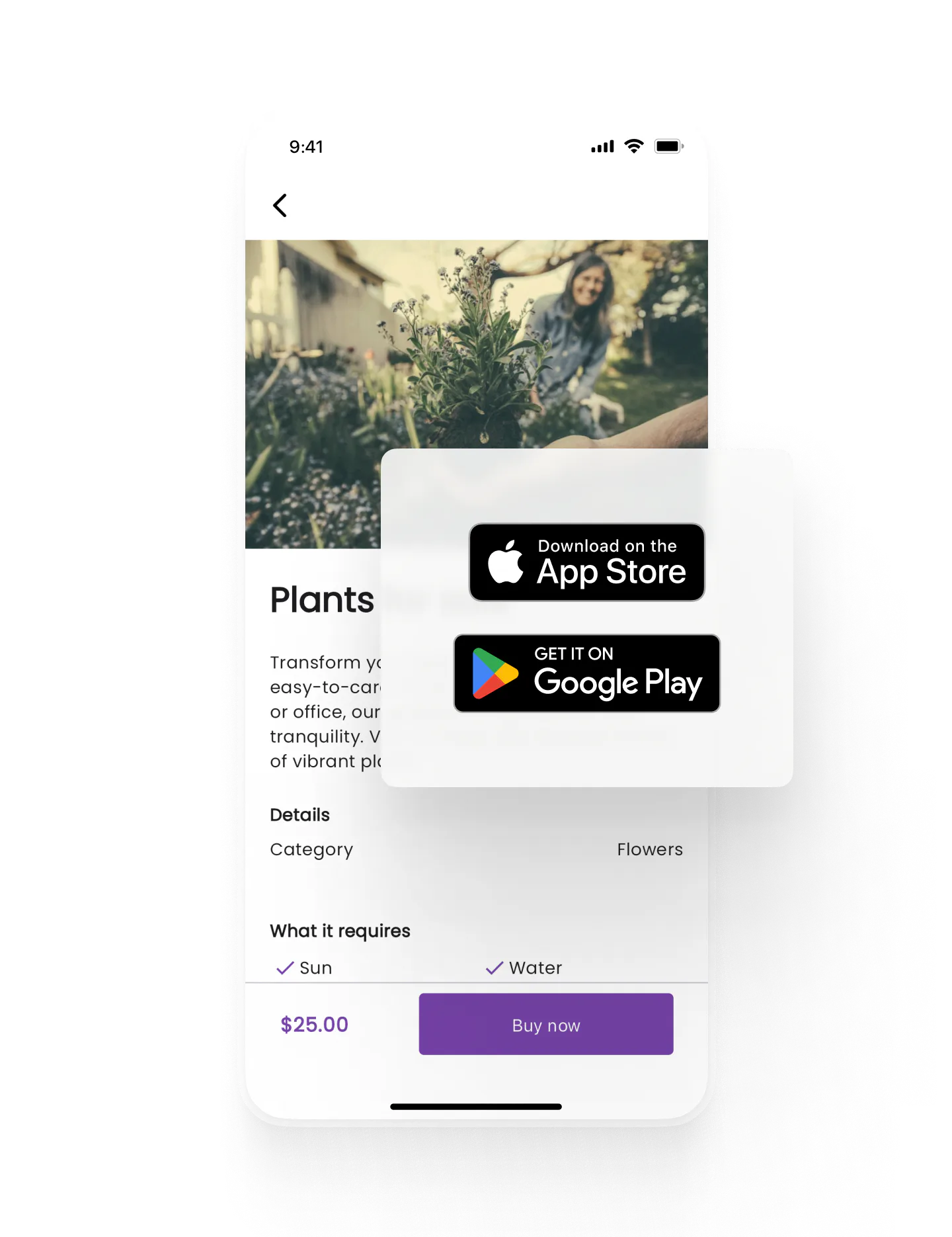 An example listing page on the mobile app for a plant seedling. Overlaid is a box with images of Apple App Store and Google Play Store download buttons.