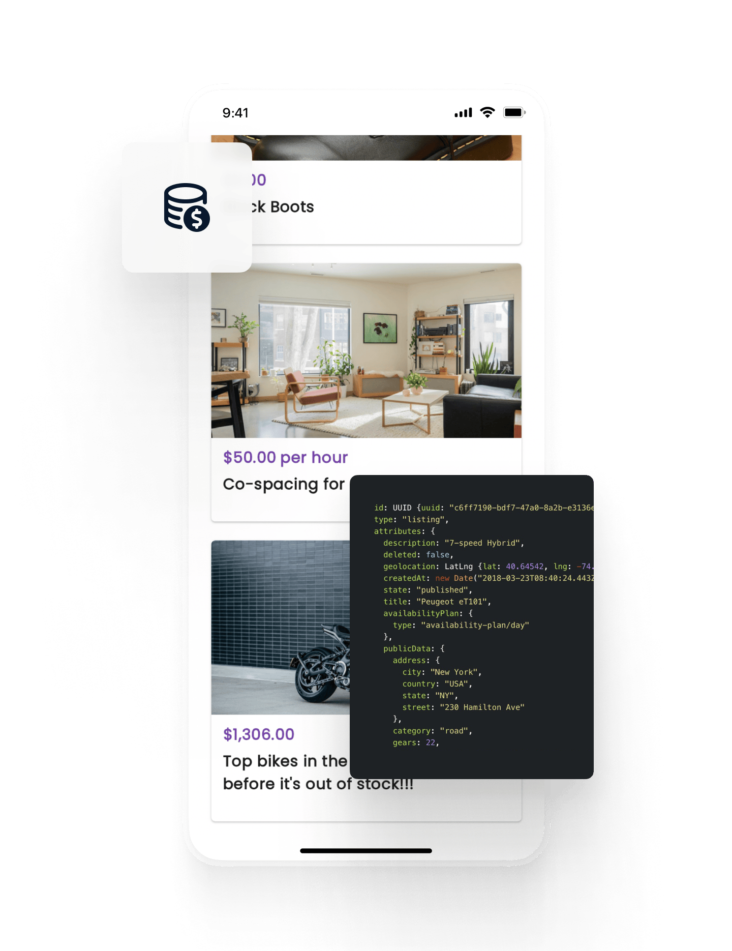 The mobile app's search page shows a listing for a coworking space. Overlaid is a box of code and a symbol for saving.