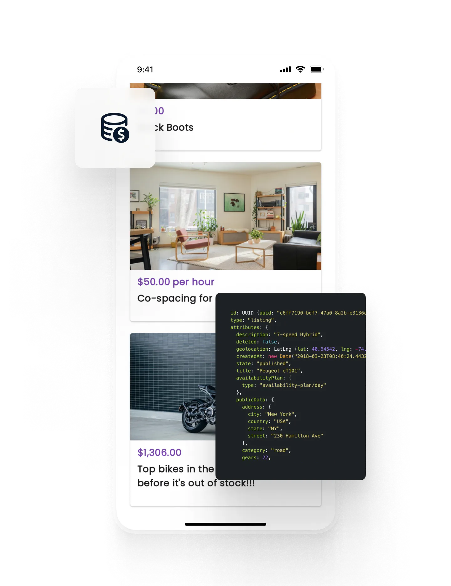 The mobile app's search page shows a listing for a coworking space. Overlaid is a box of code and a symbol for saving.