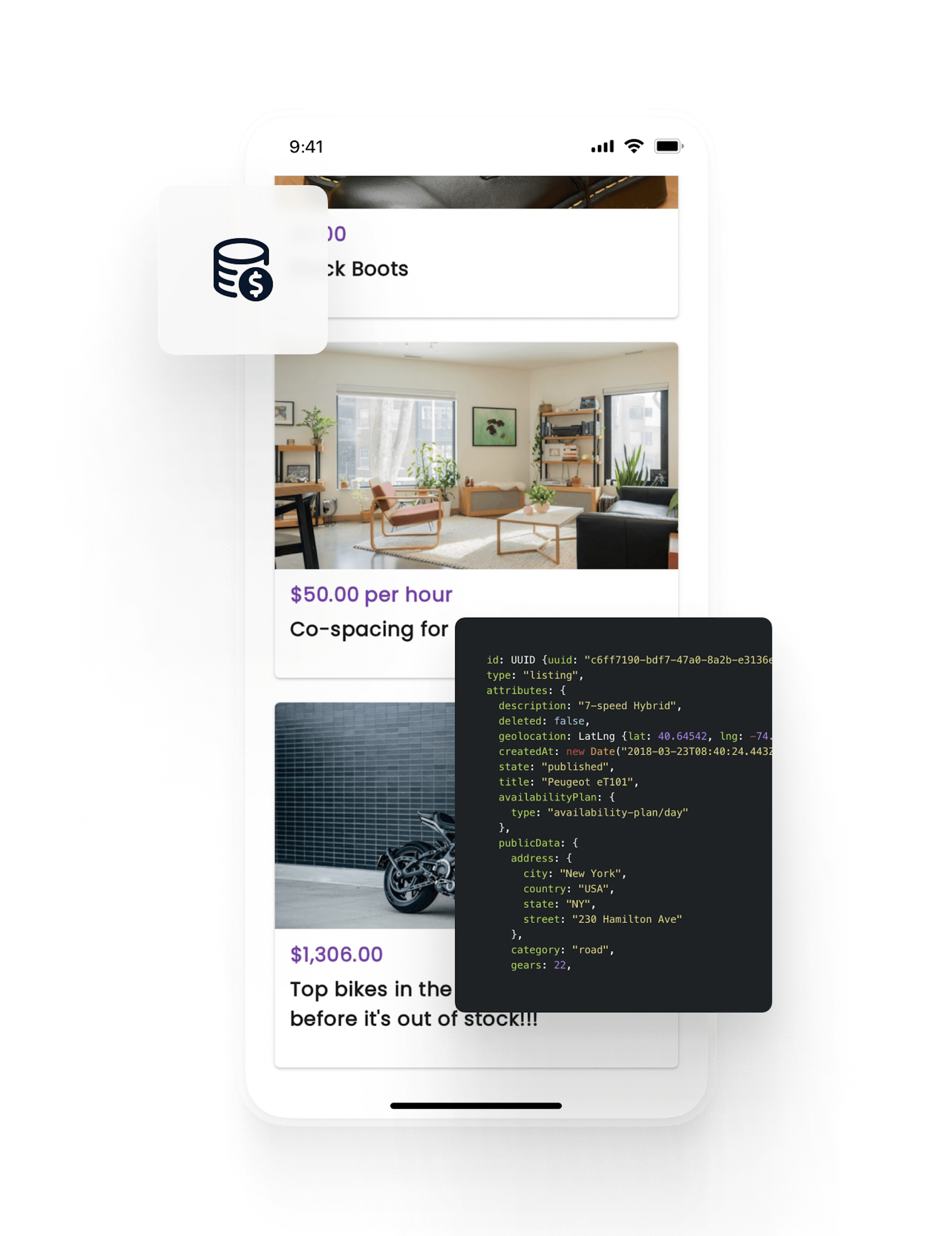 The mobile app's search page shows a listing for a coworking space. Overlaid is a box of code and a symbol for saving.