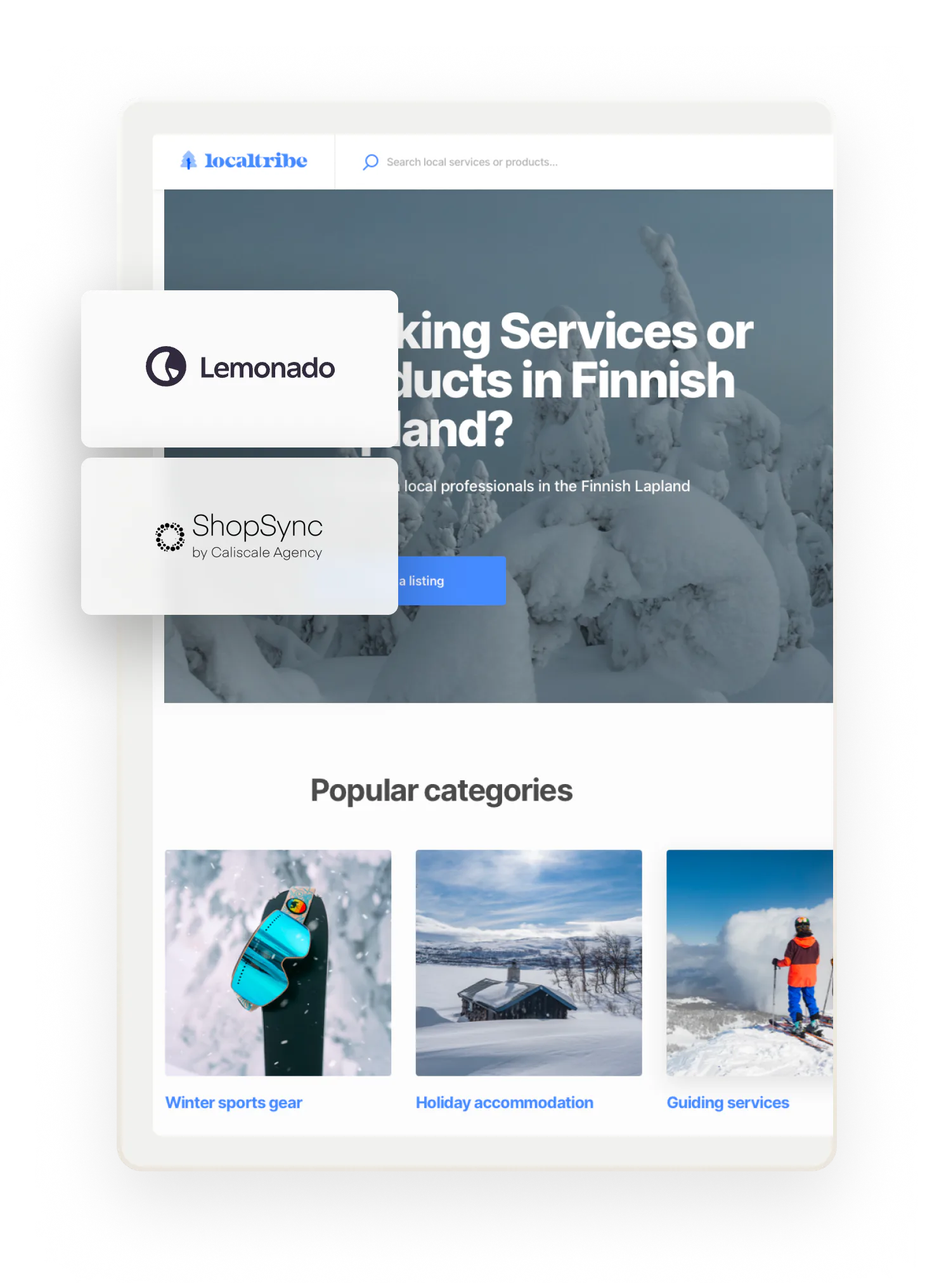 The Localtribe landing page, overlaid with boxes that have logos for companies who have built Sharetribe extensions.