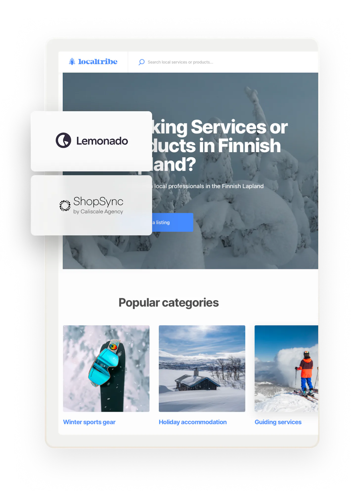 The Localtribe landing page, overlaid with boxes that have logos for companies who have built Sharetribe extensions.