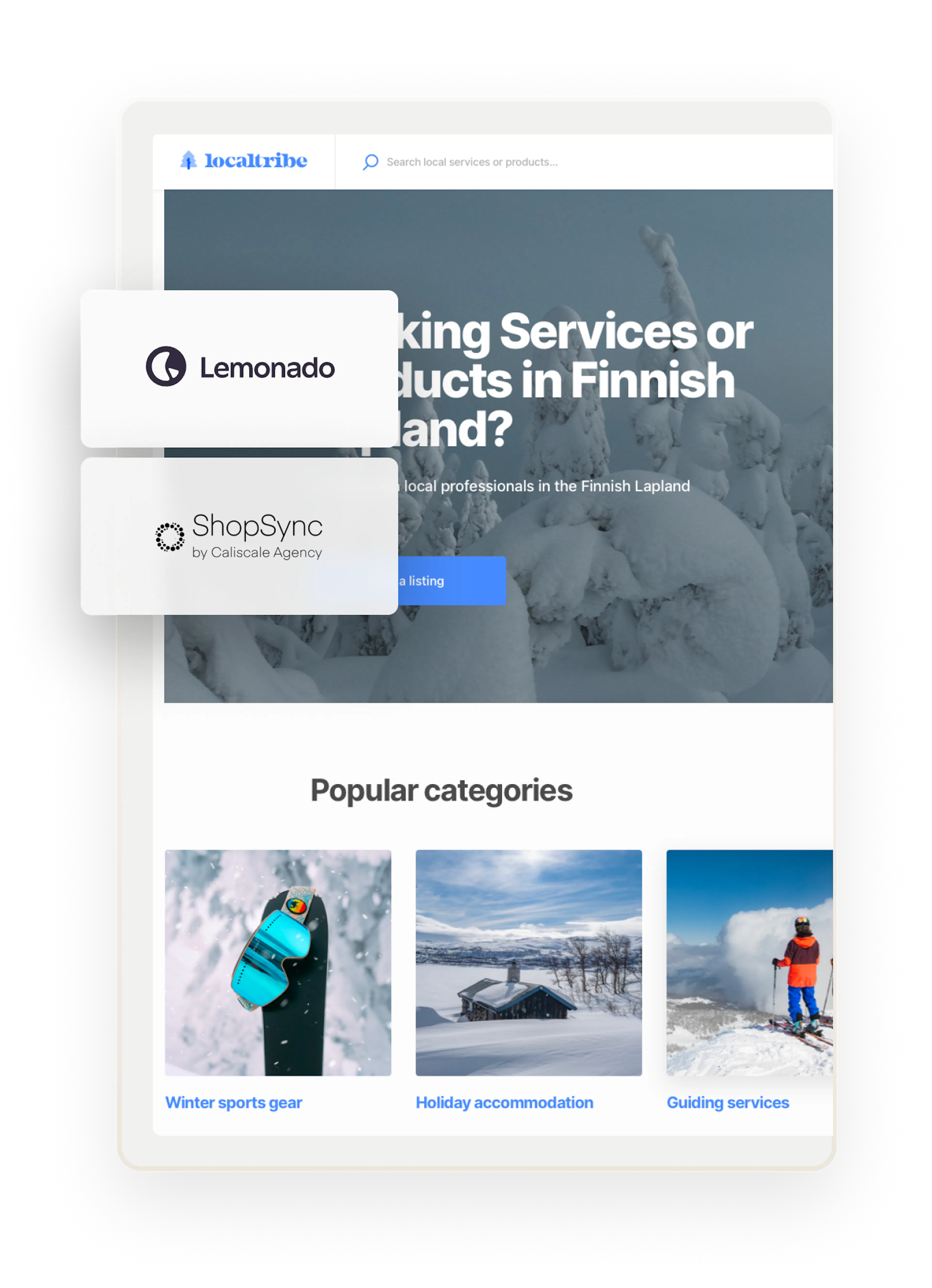 The Localtribe landing page, overlaid with boxes that have logos for companies who have built Sharetribe extensions.