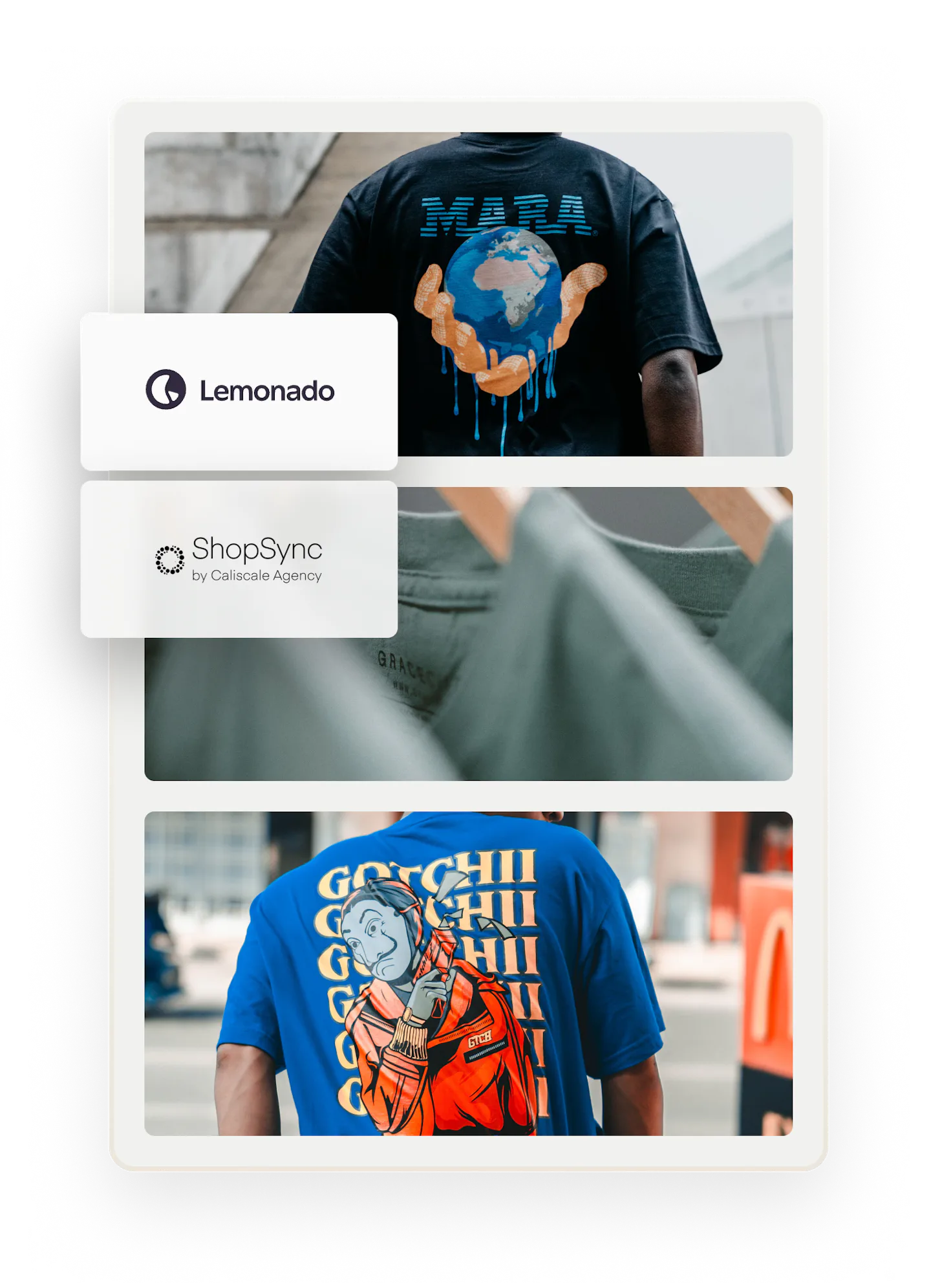 In the background, images of two people wearing print t-shirts, shot from the back, and three green shirts on hangers. Overlaid on top are boxes that have logos for companies who have built Sharetribe extensions.