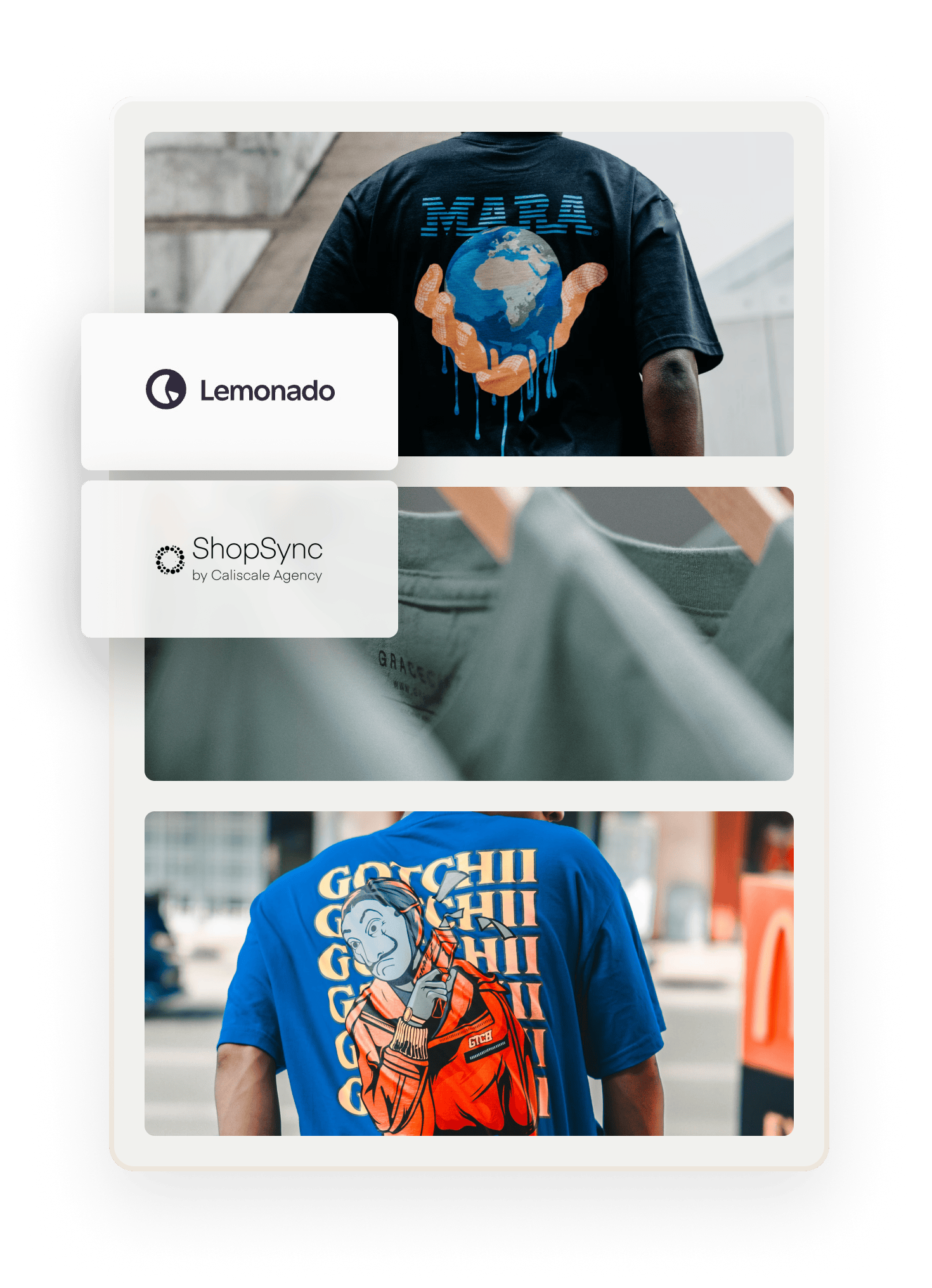 In the background, images of two people wearing print t-shirts, shot from the back, and three green shirts on hangers. Overlaid on top are boxes that have logos for companies who have built Sharetribe extensions.