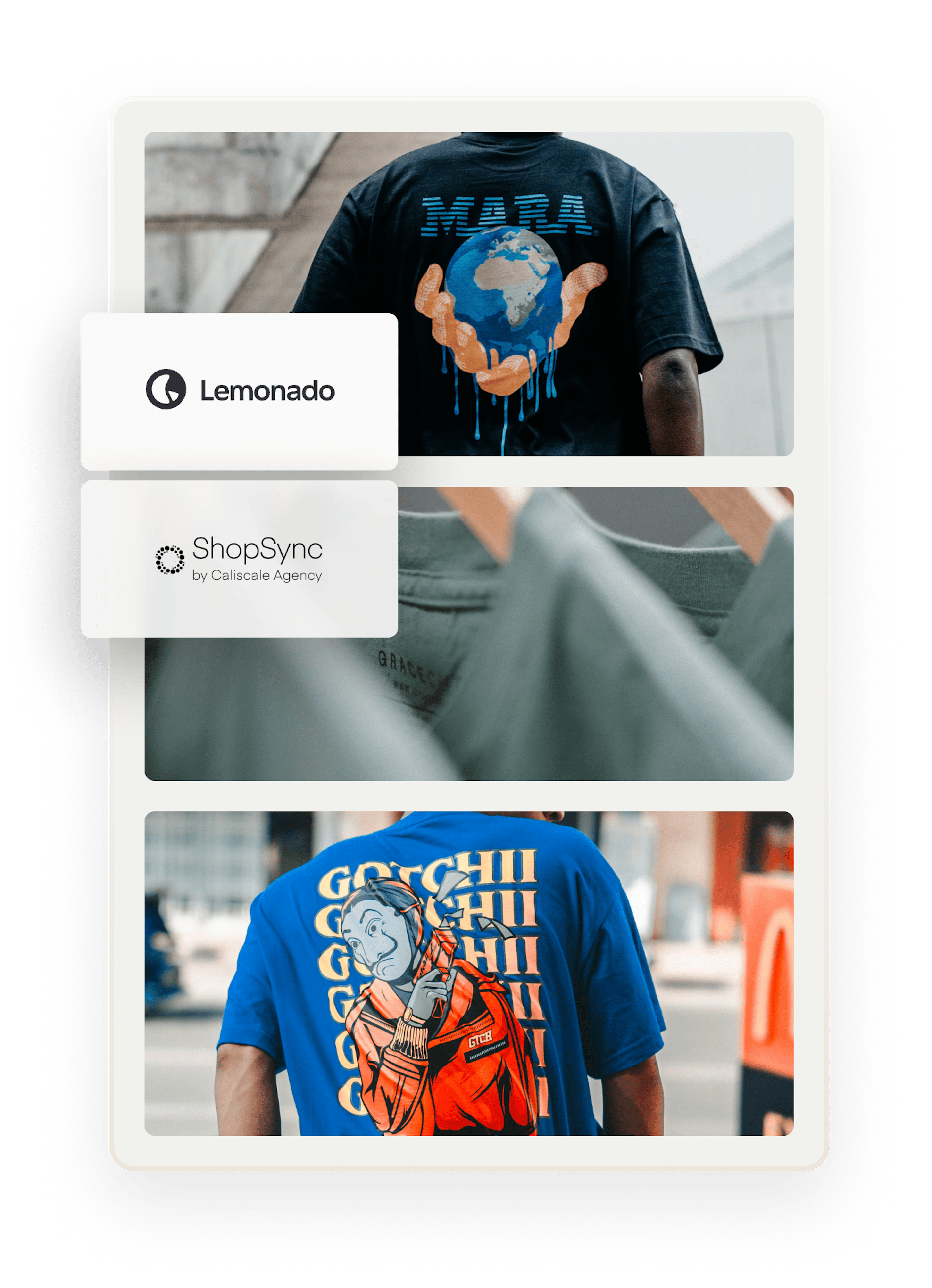 In the background, images of two people wearing print t-shirts, shot from the back, and three green shirts on hangers. Overlaid on top are boxes that have logos for companies who have built Sharetribe extensions.