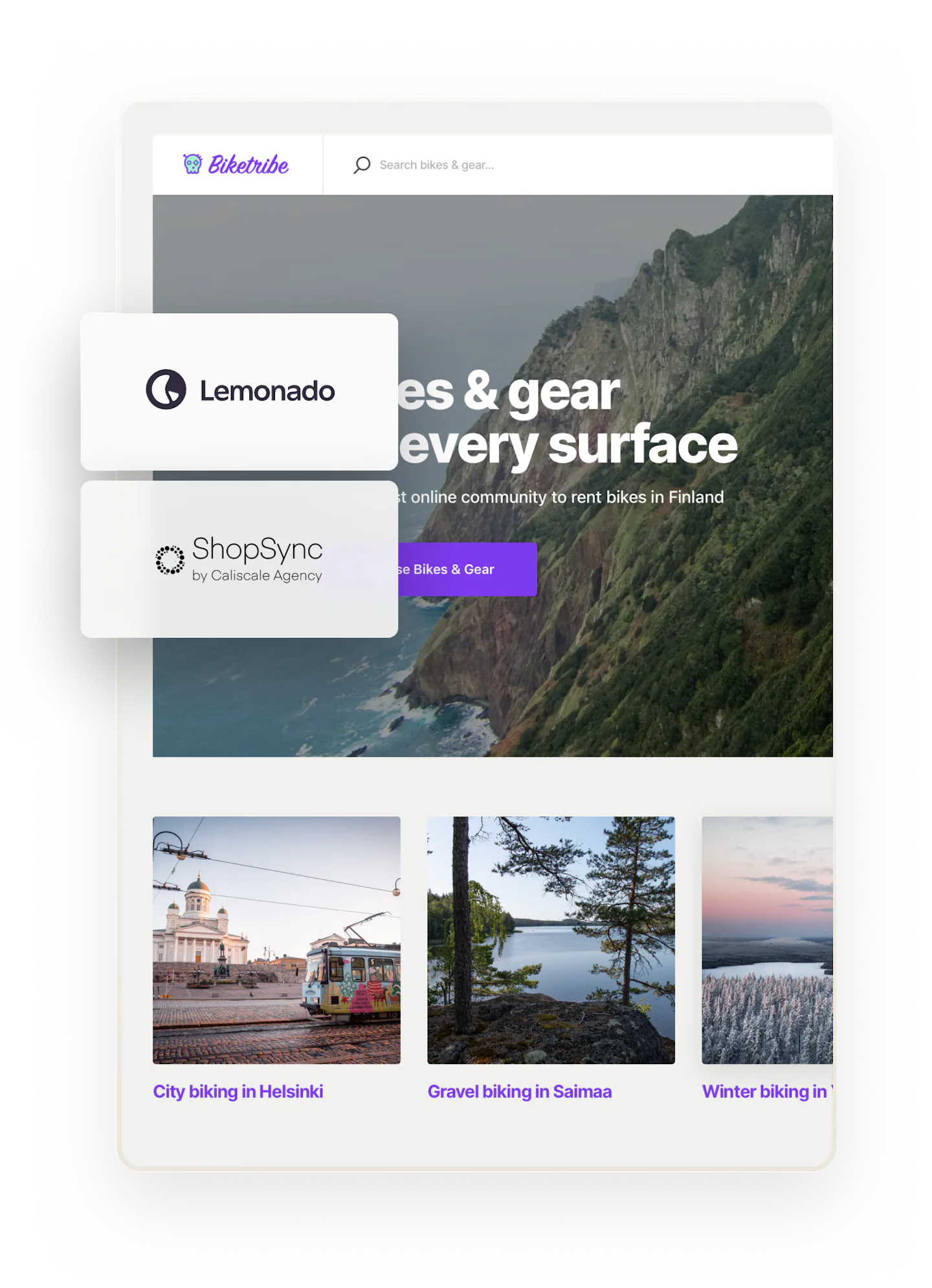 The Biketribe landing page, overlaid with boxes that have logos for companies who have built Sharetribe extensions.