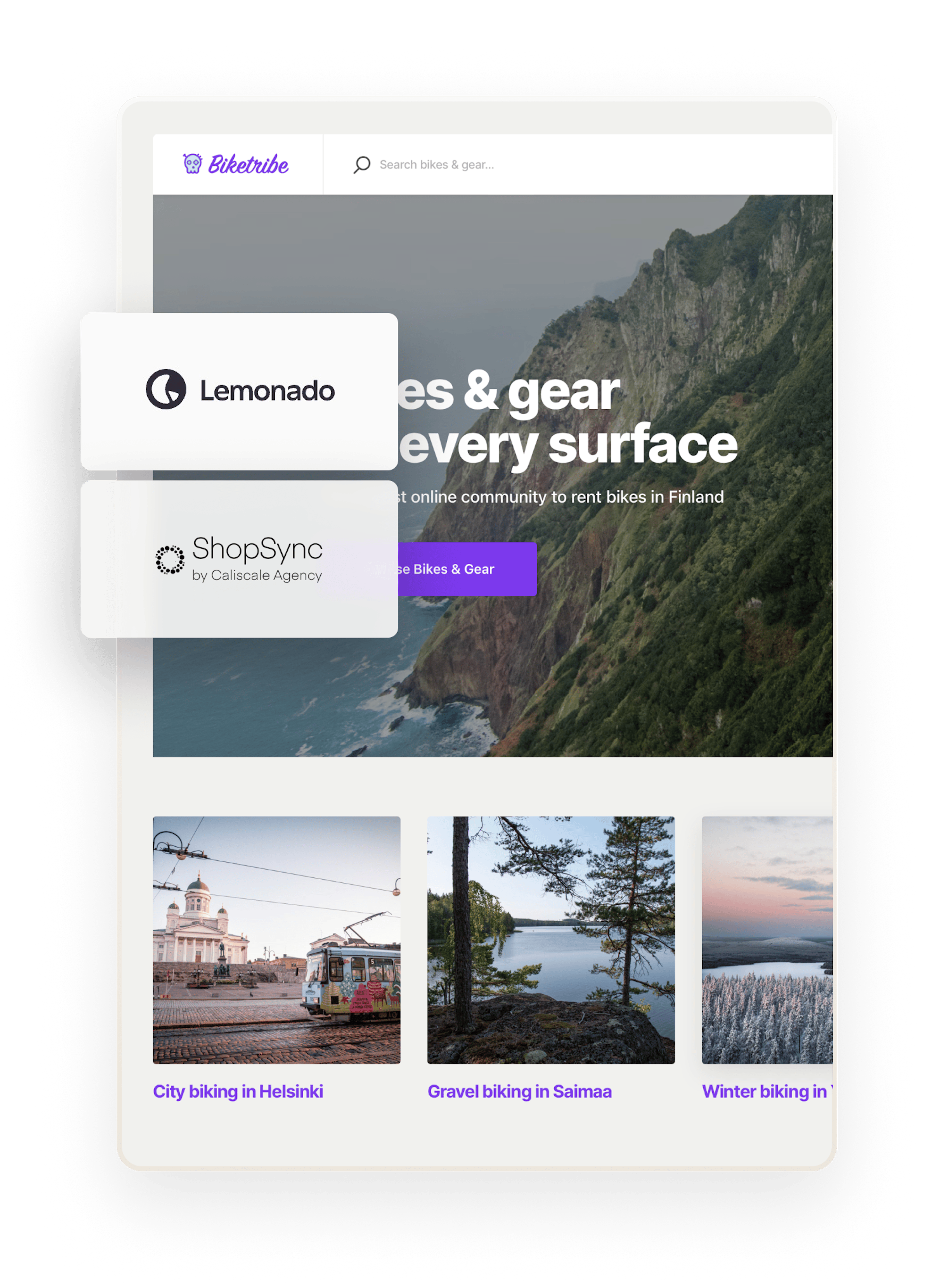 The Biketribe landing page, overlaid with boxes that have logos for companies who have built Sharetribe extensions.