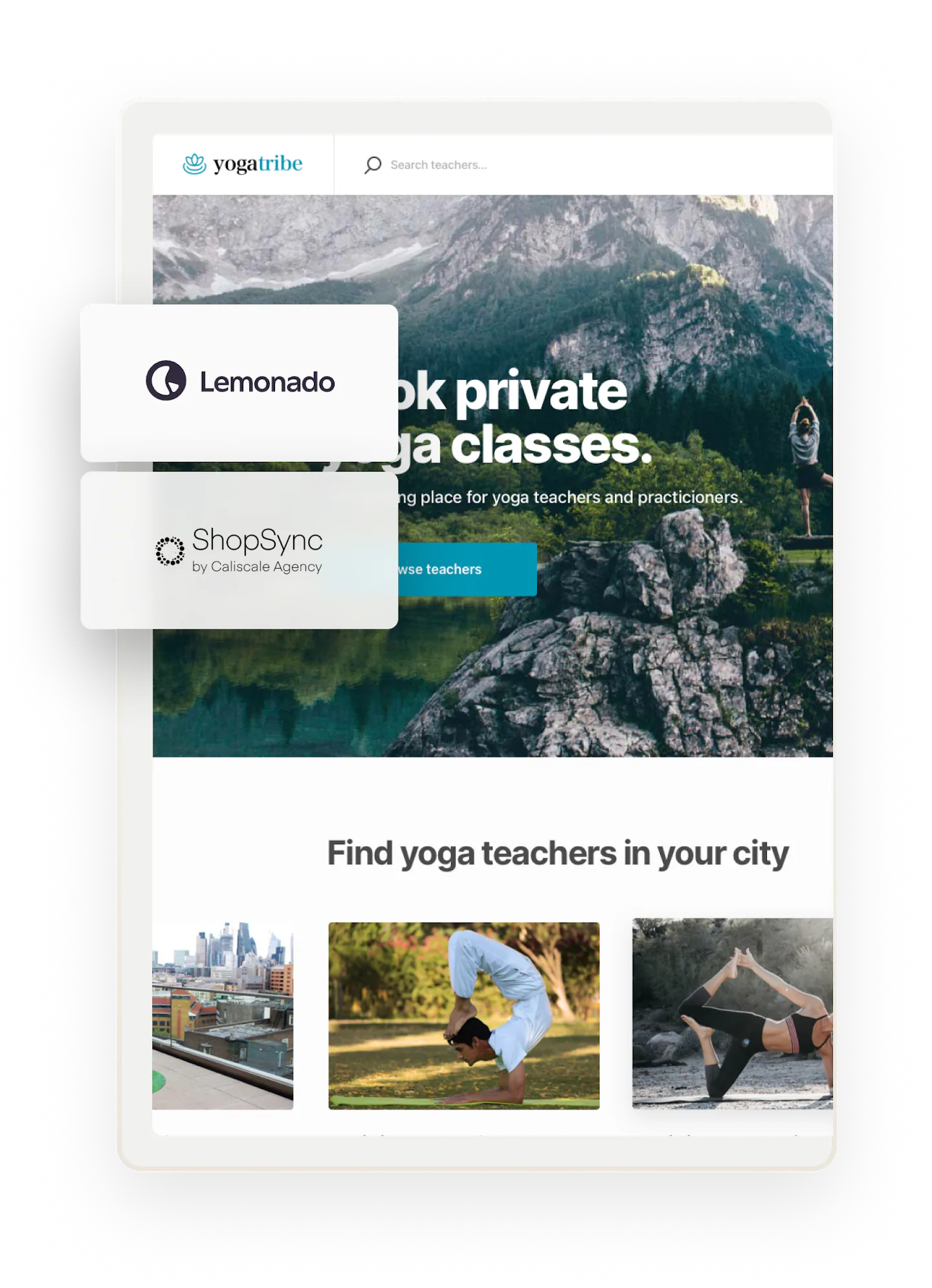 The Yogatribe landing page. Overlaid with boxes that have logos for companies who have built Sharetribe extensions.