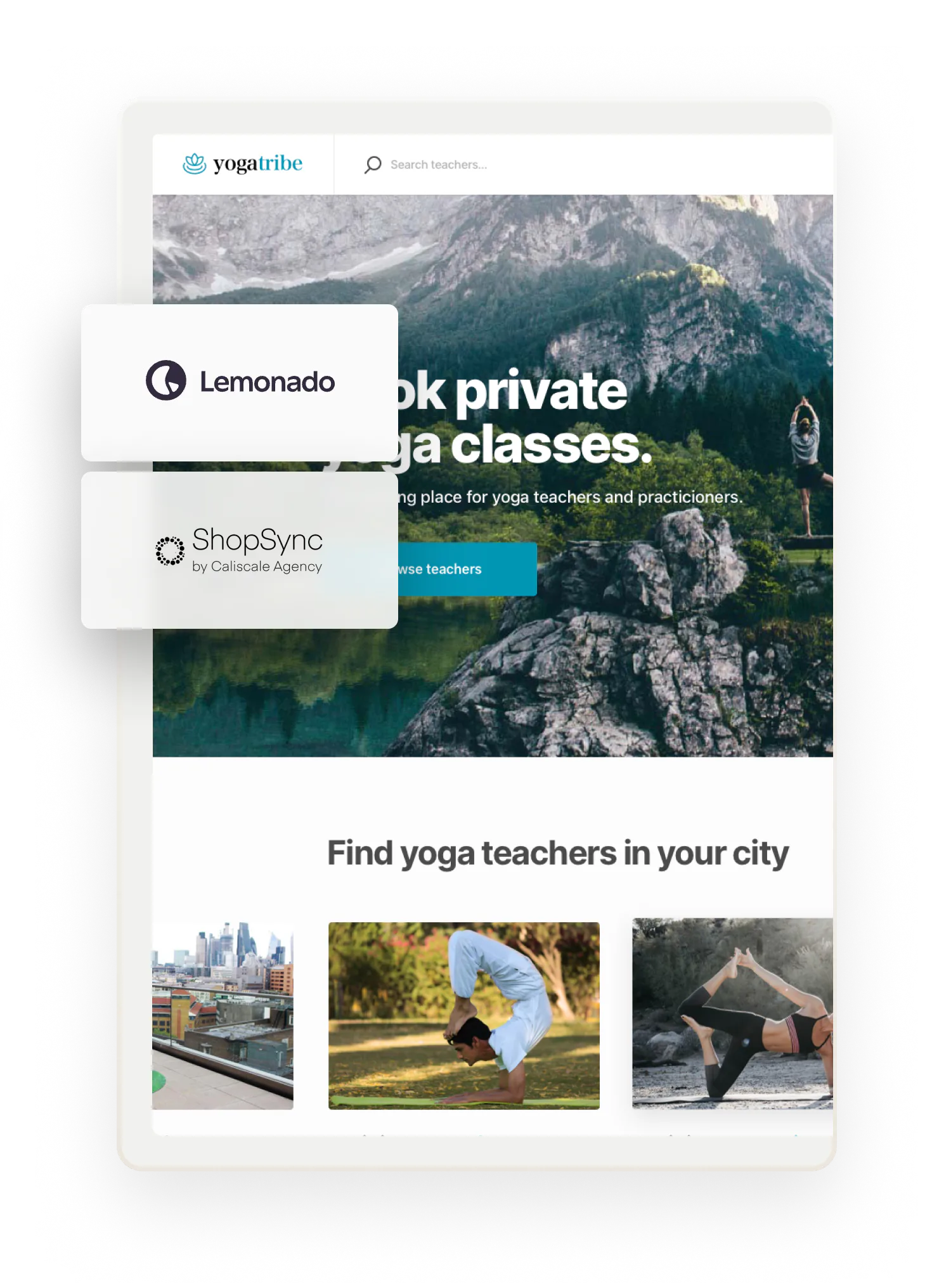The Yogatribe landing page. Overlaid with boxes that have logos for companies who have built Sharetribe extensions.